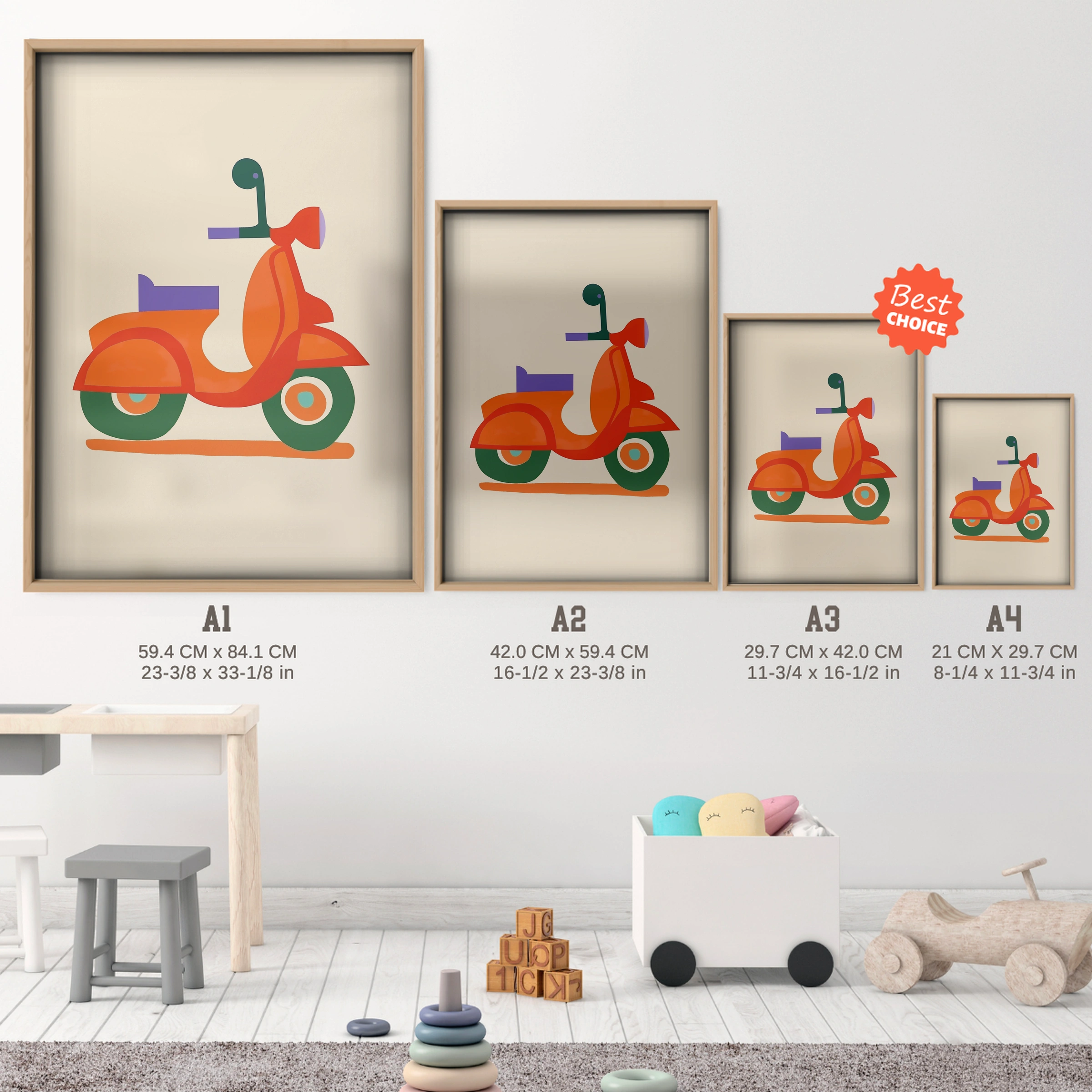 Little Scooter Nursery Print - size guide A4 A3 A2 A1 nursery print