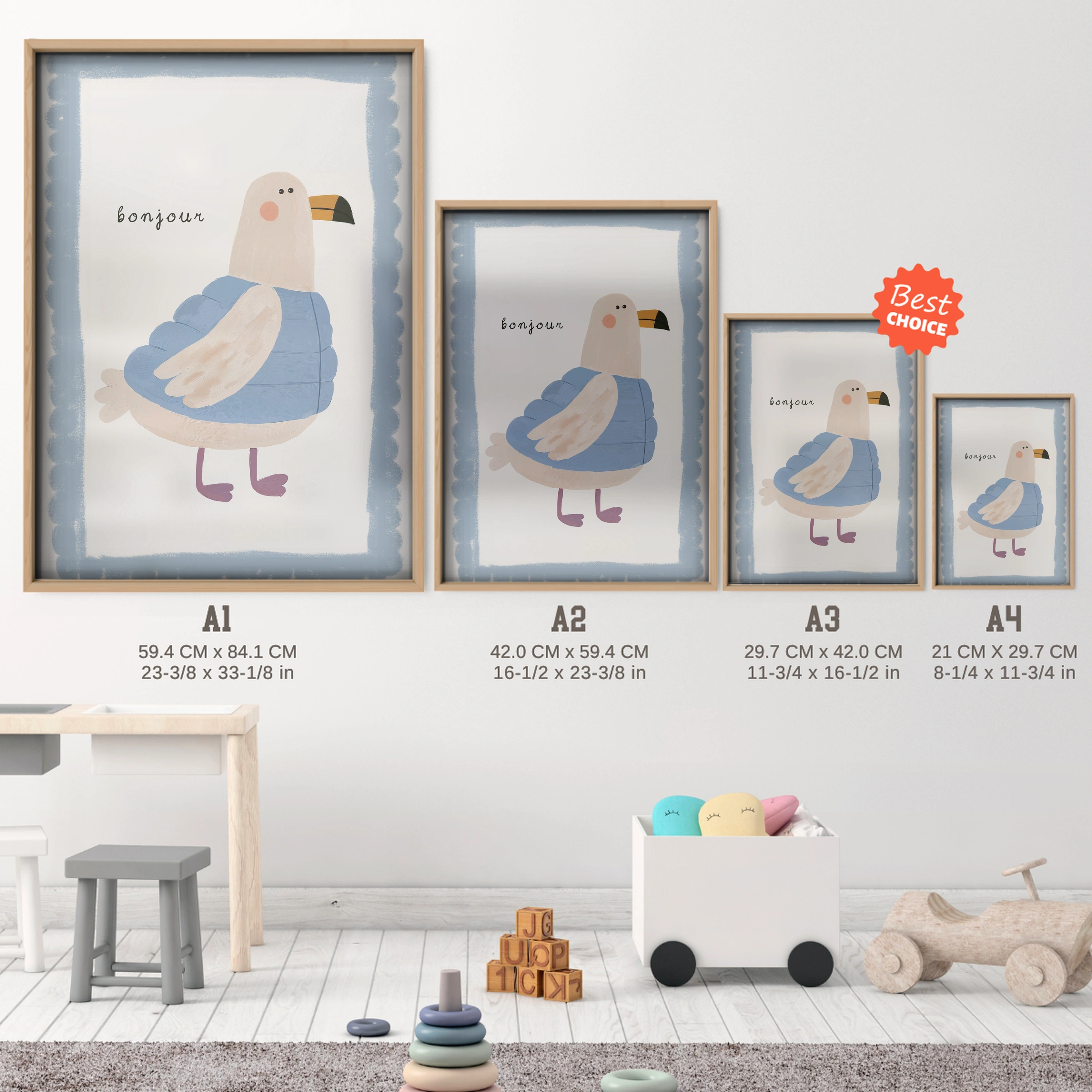 Little Seagull Nursery Print - size guide A4 A3 A2 A1 nursery print
