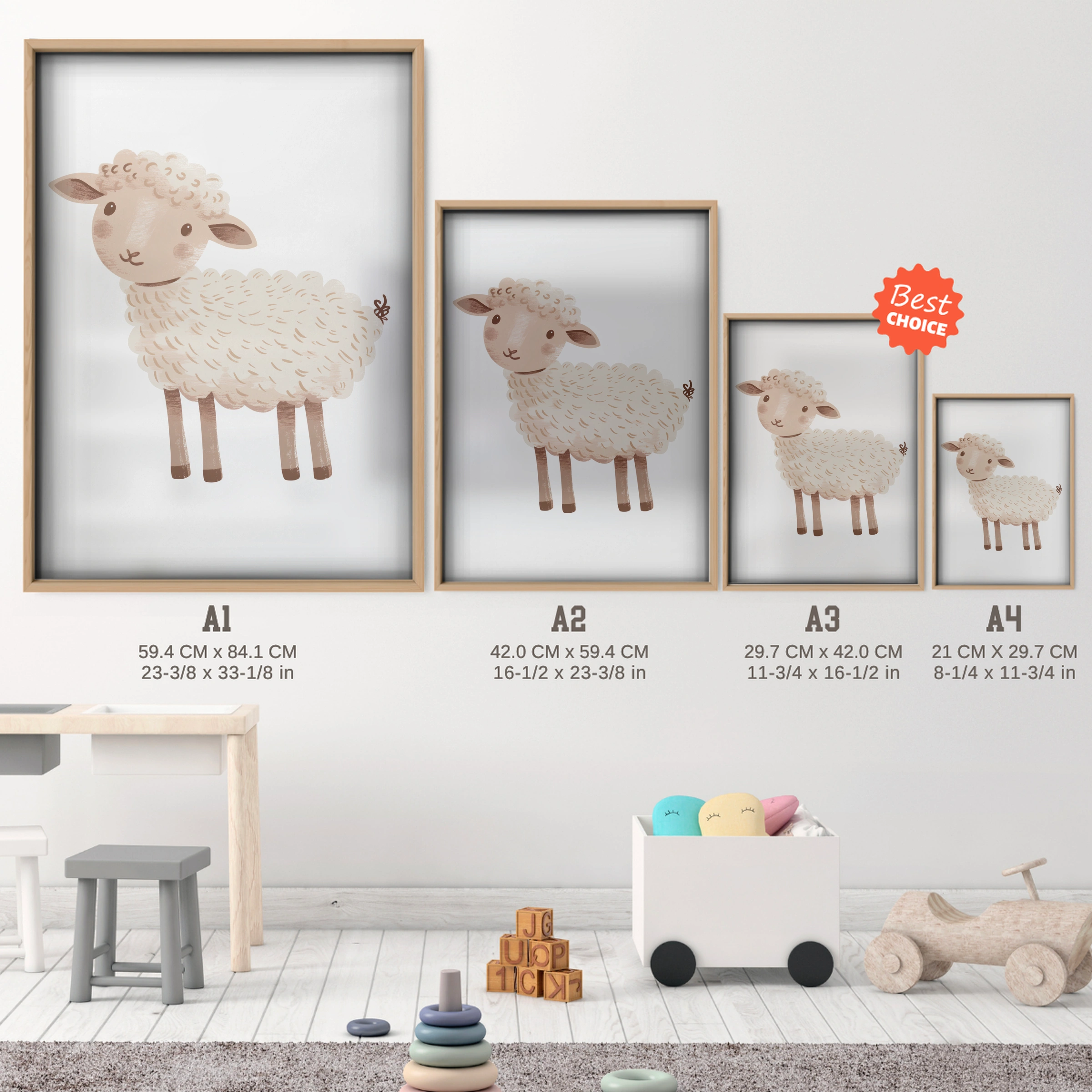Little Sheep Nursery Print - size guide A4 A3 A2 A1 nursery print