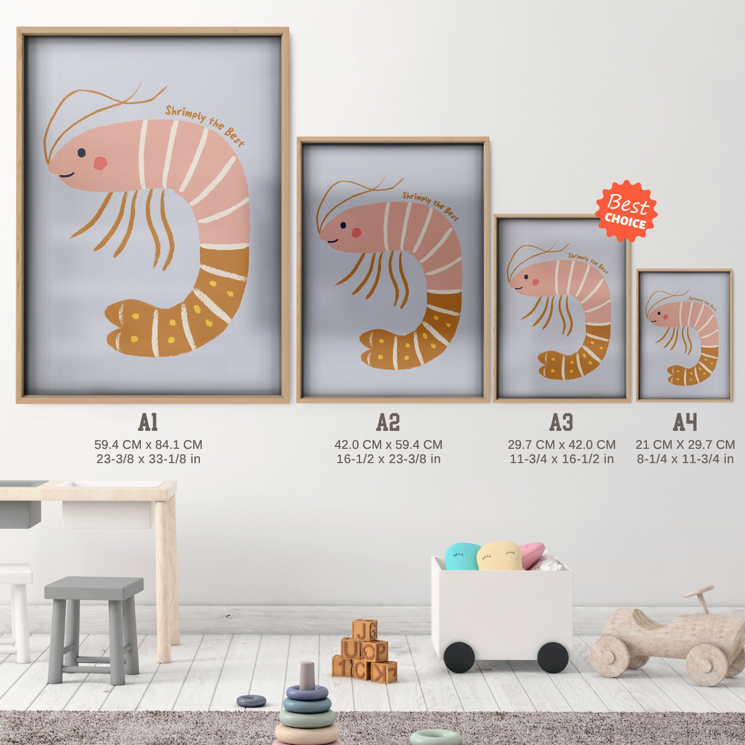 Little Shrimp Nursery Print - size guide A4 A3 A2 A1 nursery print