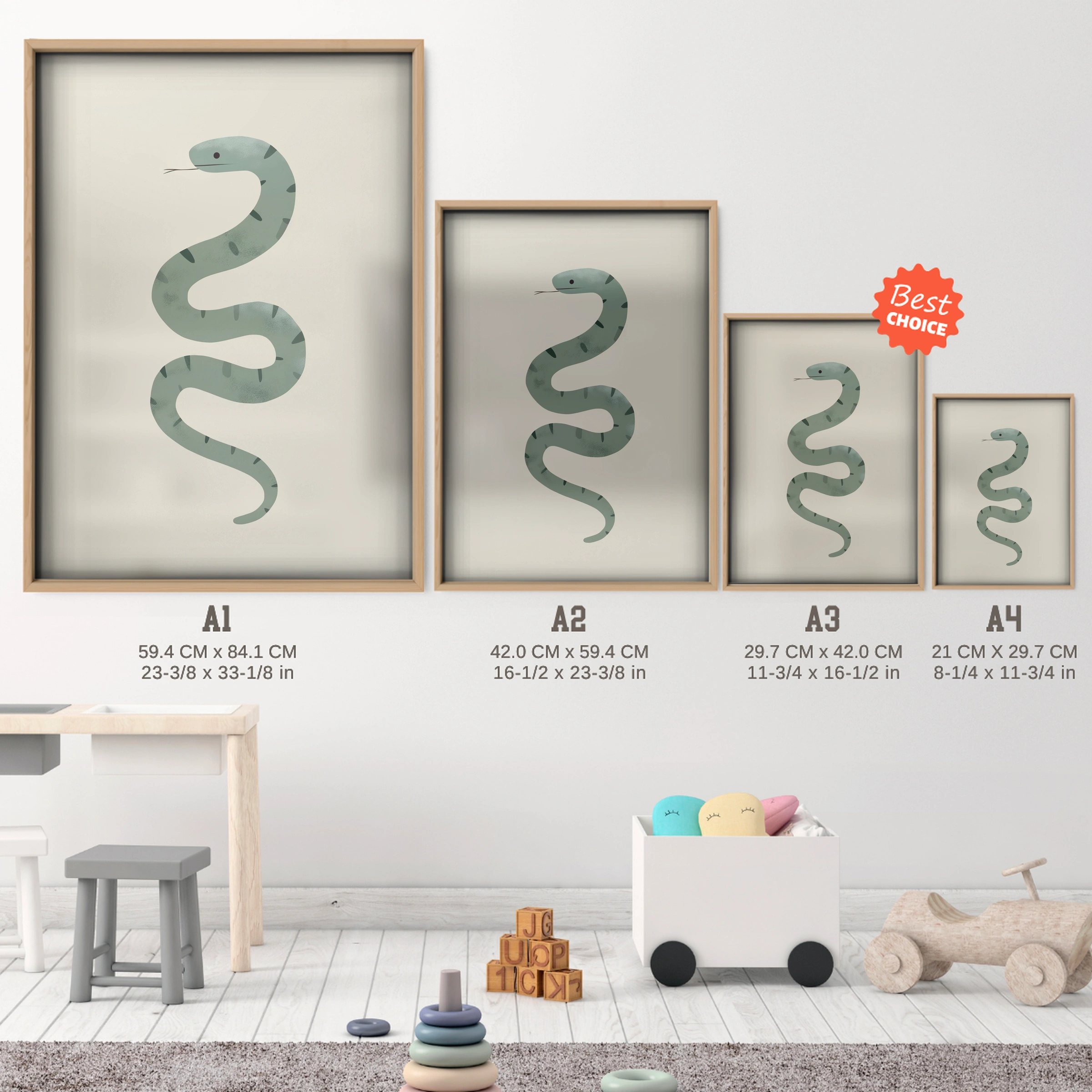 Little Snake Nursery Print - size guide A4 A3 A2 A1 nursery print