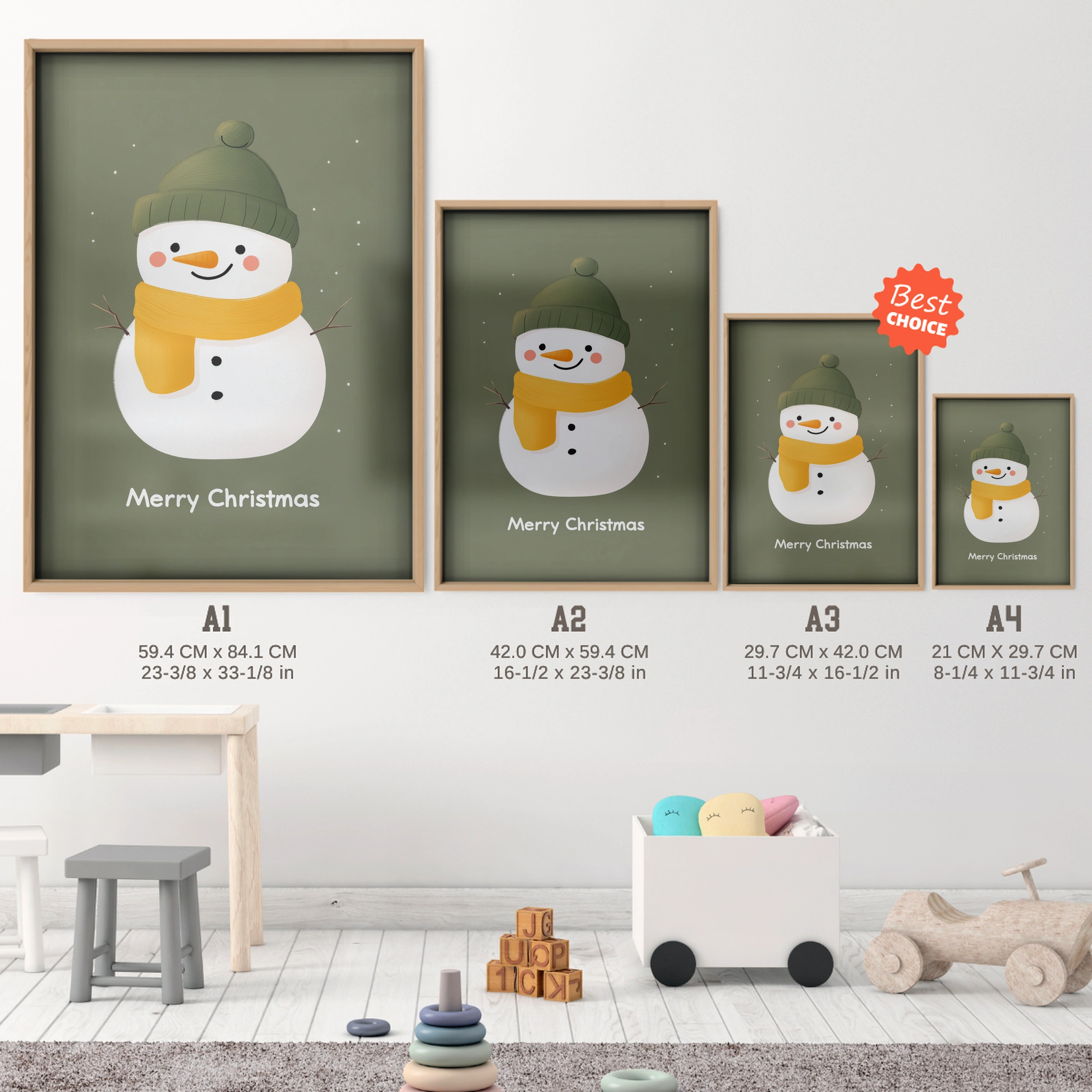 Little Snowman Christmas Print - size guide A4 A3 A2 A1 nursery print