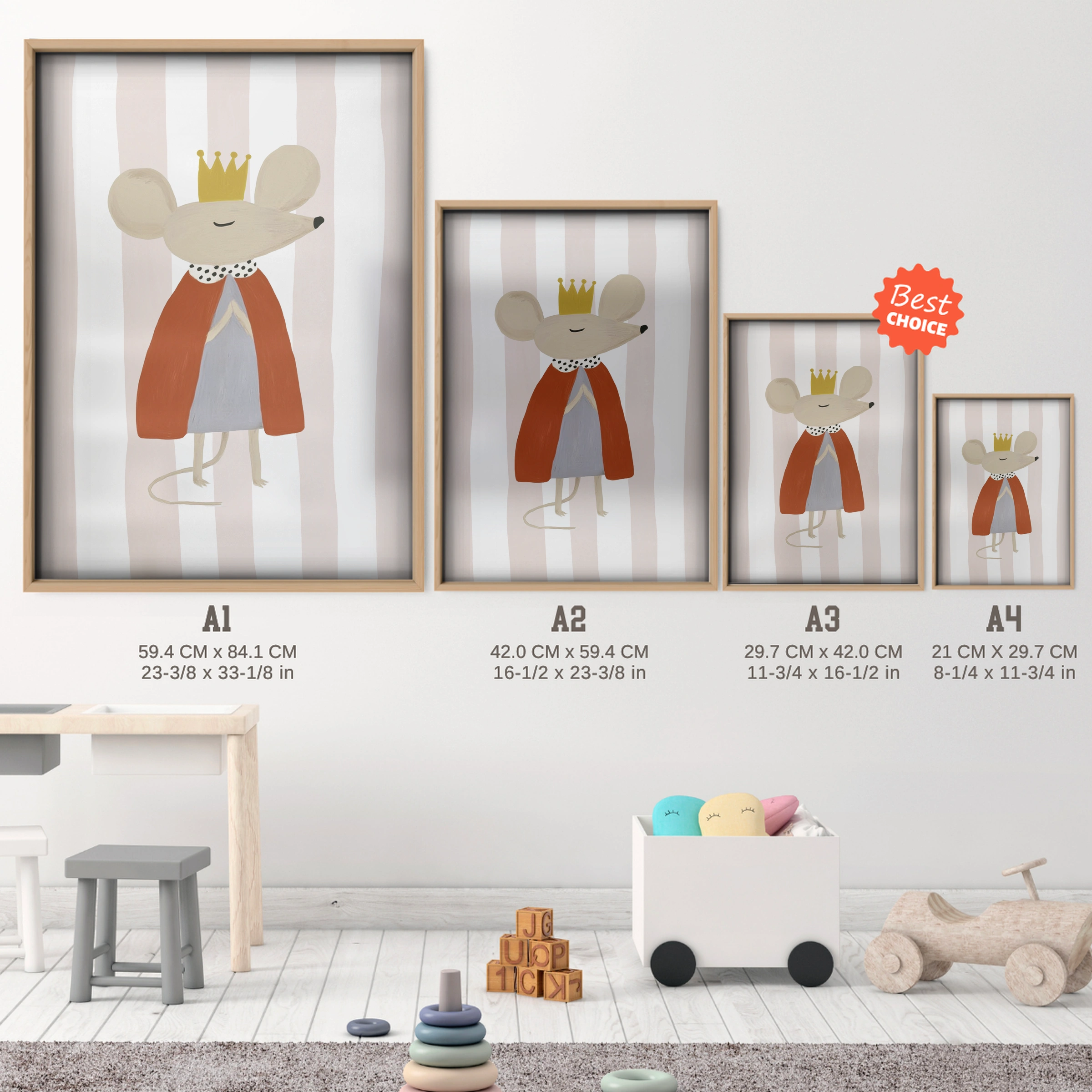Little Standing Mouse Nursery Print - size guide A4 A3 A2 A1 nursery print