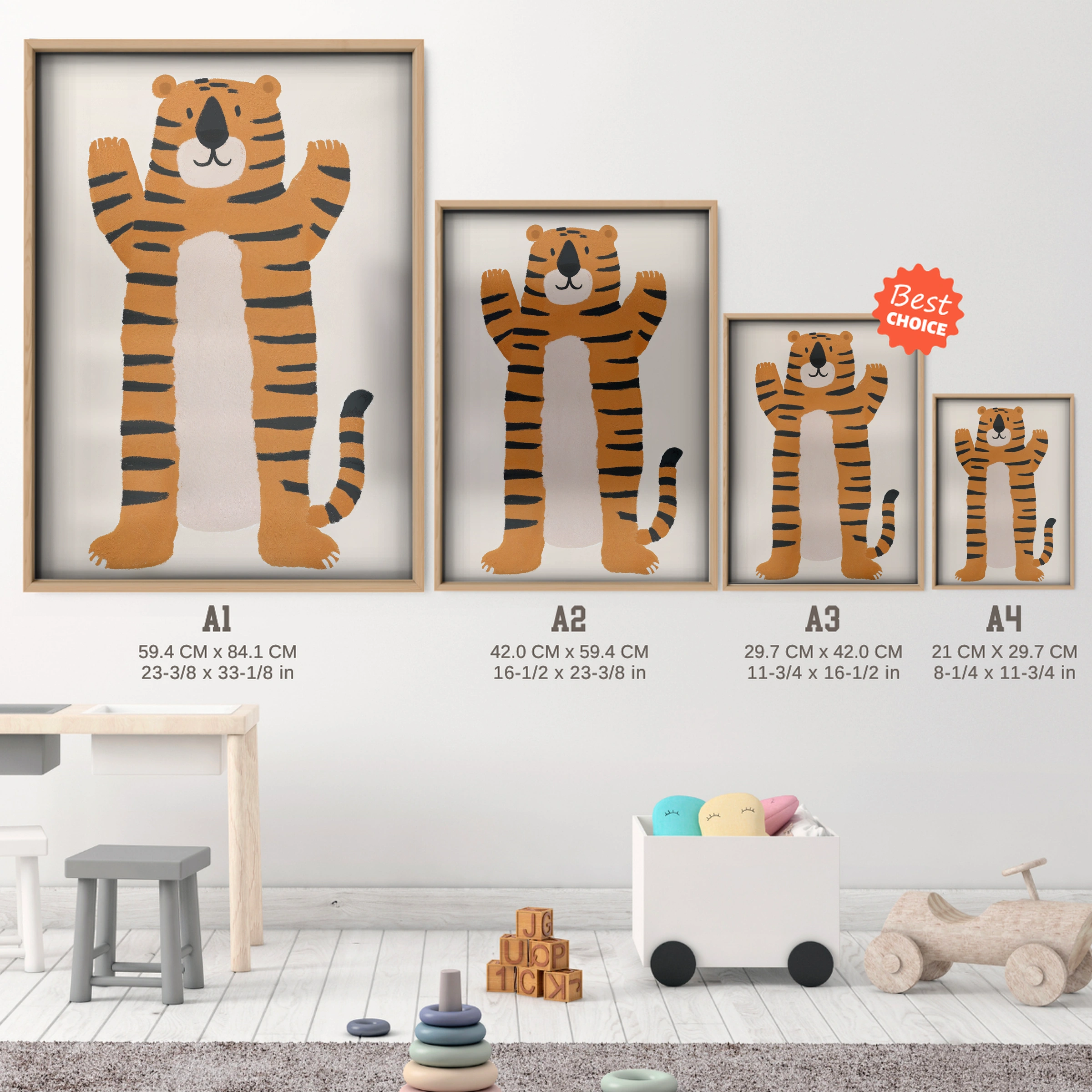 Little Tiger Nursery Print - size guide A4 A3 A2 A1 nursery print