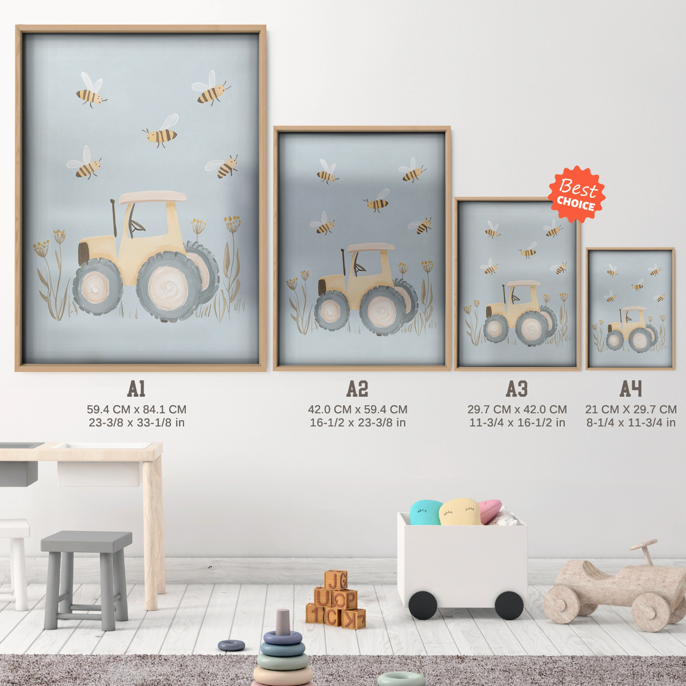 Little Tractor Nursery Print - size guide A4 A3 A2 A1 nursery print