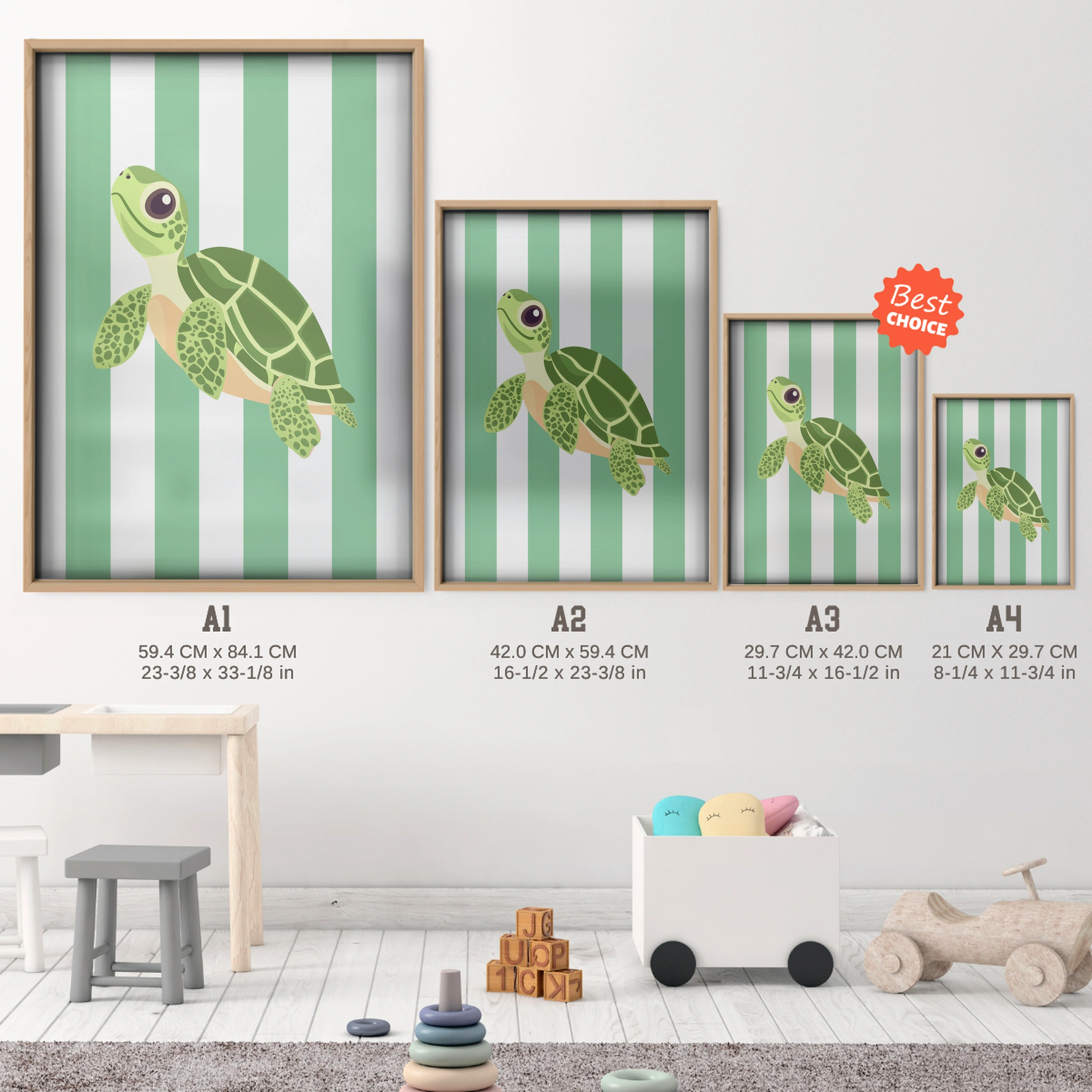 Little Turtle Nursery Print - size guide A4 A3 A2 A1 nursery print
