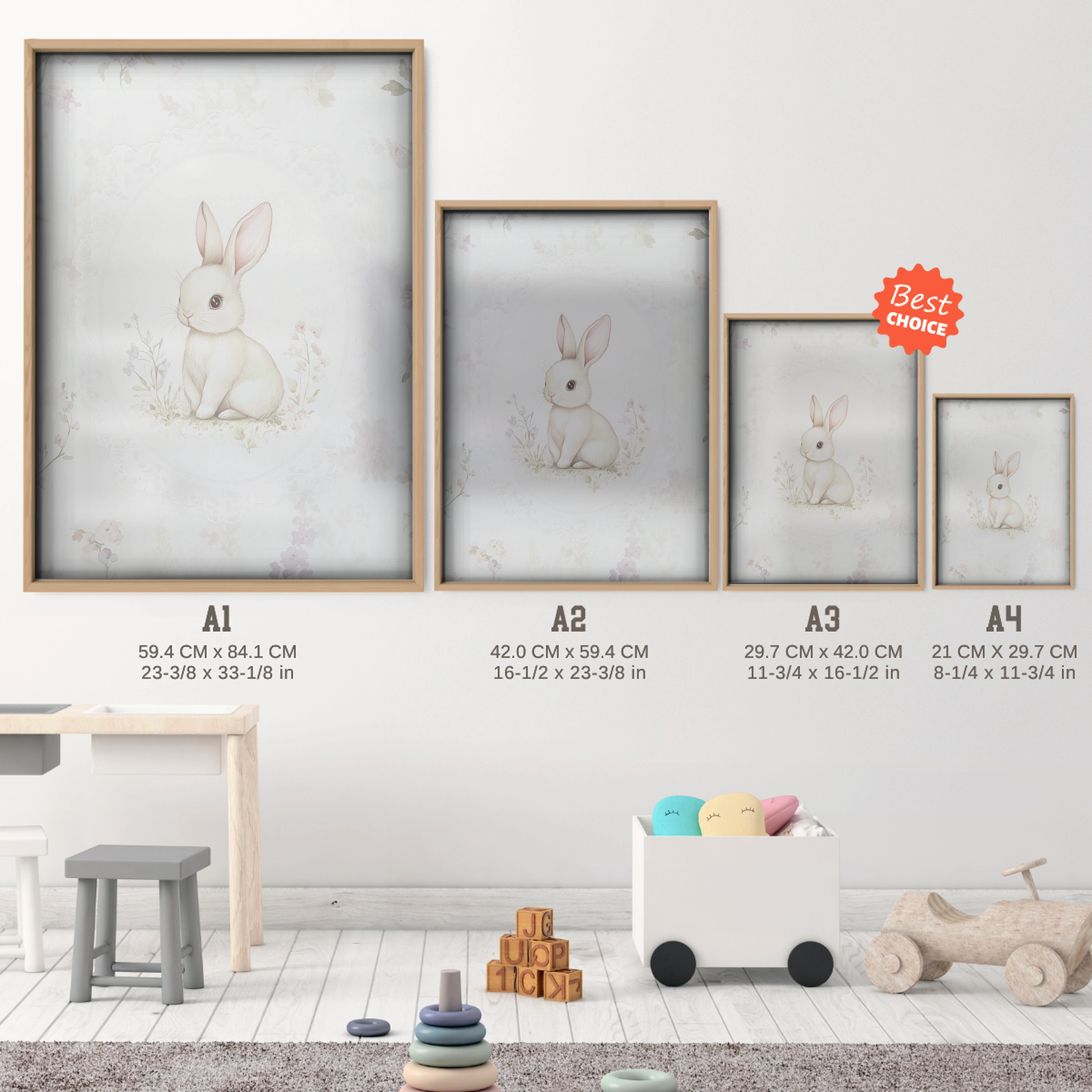 Little White Rabbit Nursery Print - size guide A4 A3 A2 A1 nursery print