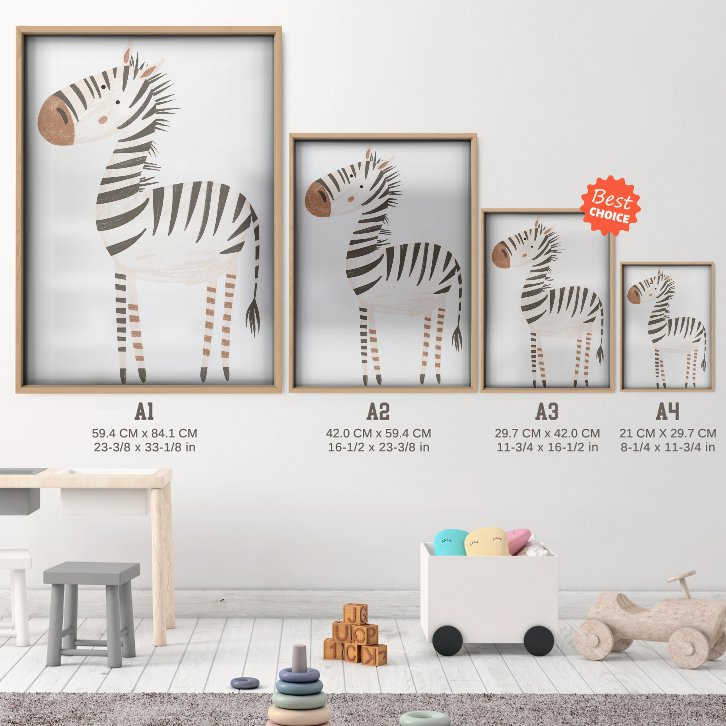 Little Zebra Nursery Print - size guide A4 A3 A2 A1 nursery print