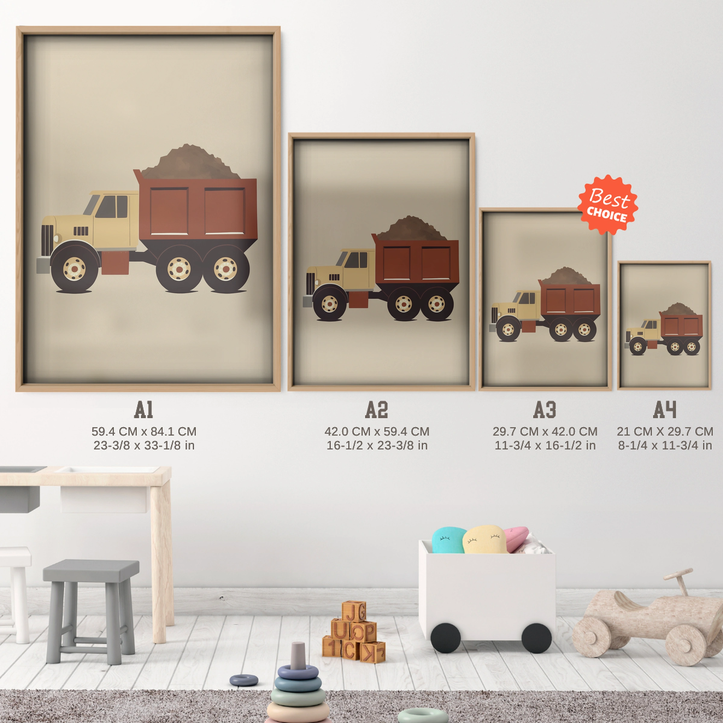 Loaded Dump Truck Nursery Print - size guide A4 A3 A2 A1 nursery print