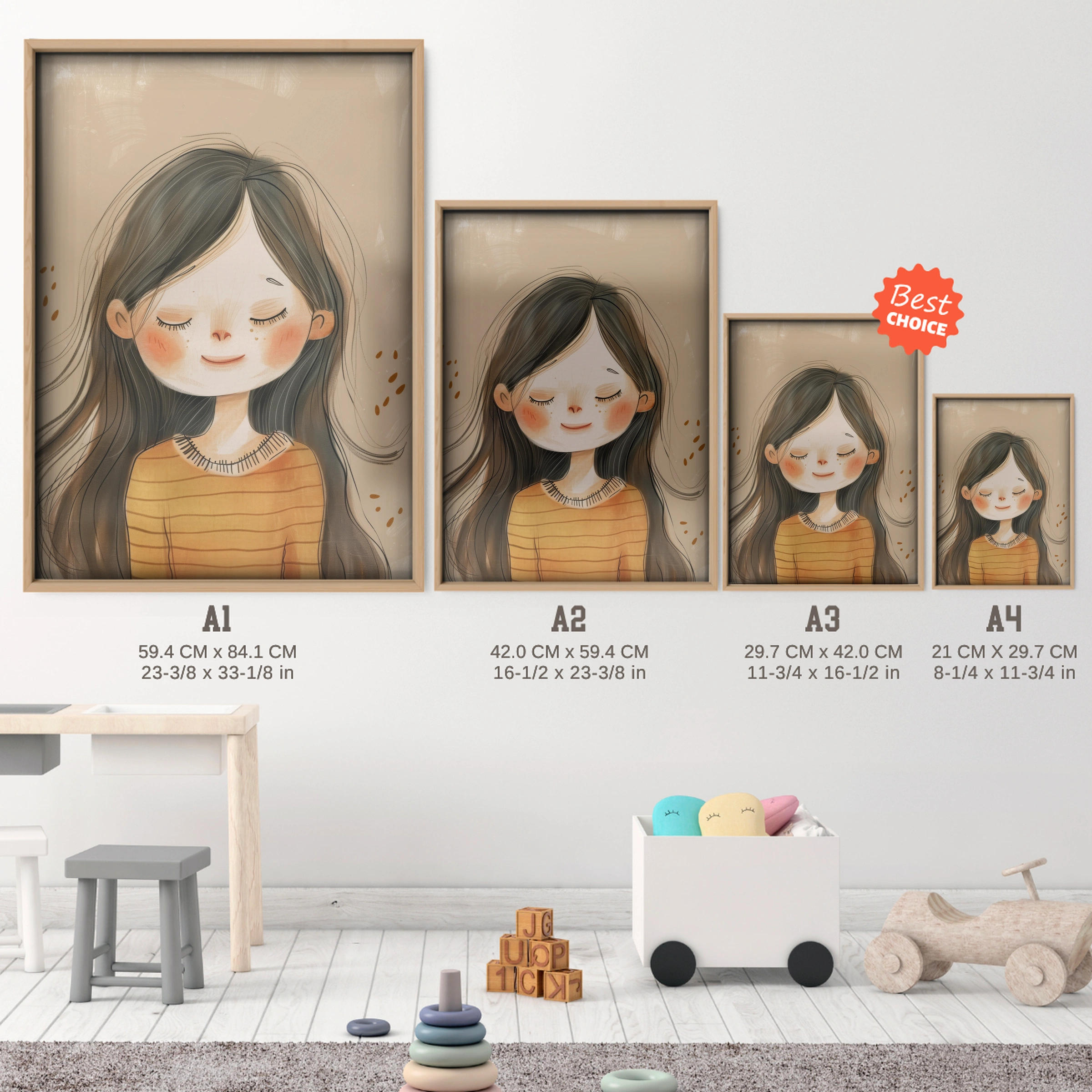 Long Hair Girl Nursery Print - size guide A4 A3 A2 A1 nursery print