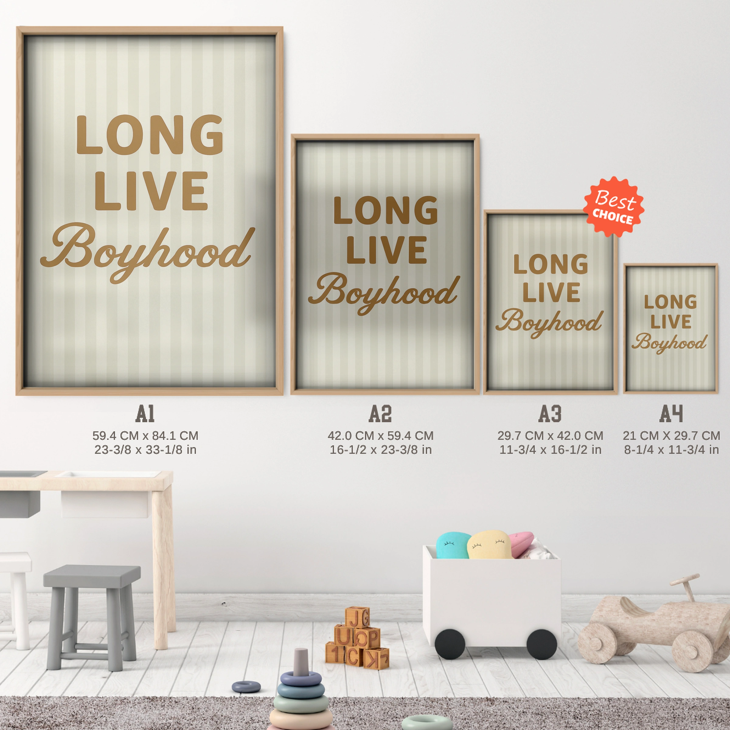 Long Live Boyhood Nursery Print - size guide A4 A3 A2 A1 nursery print