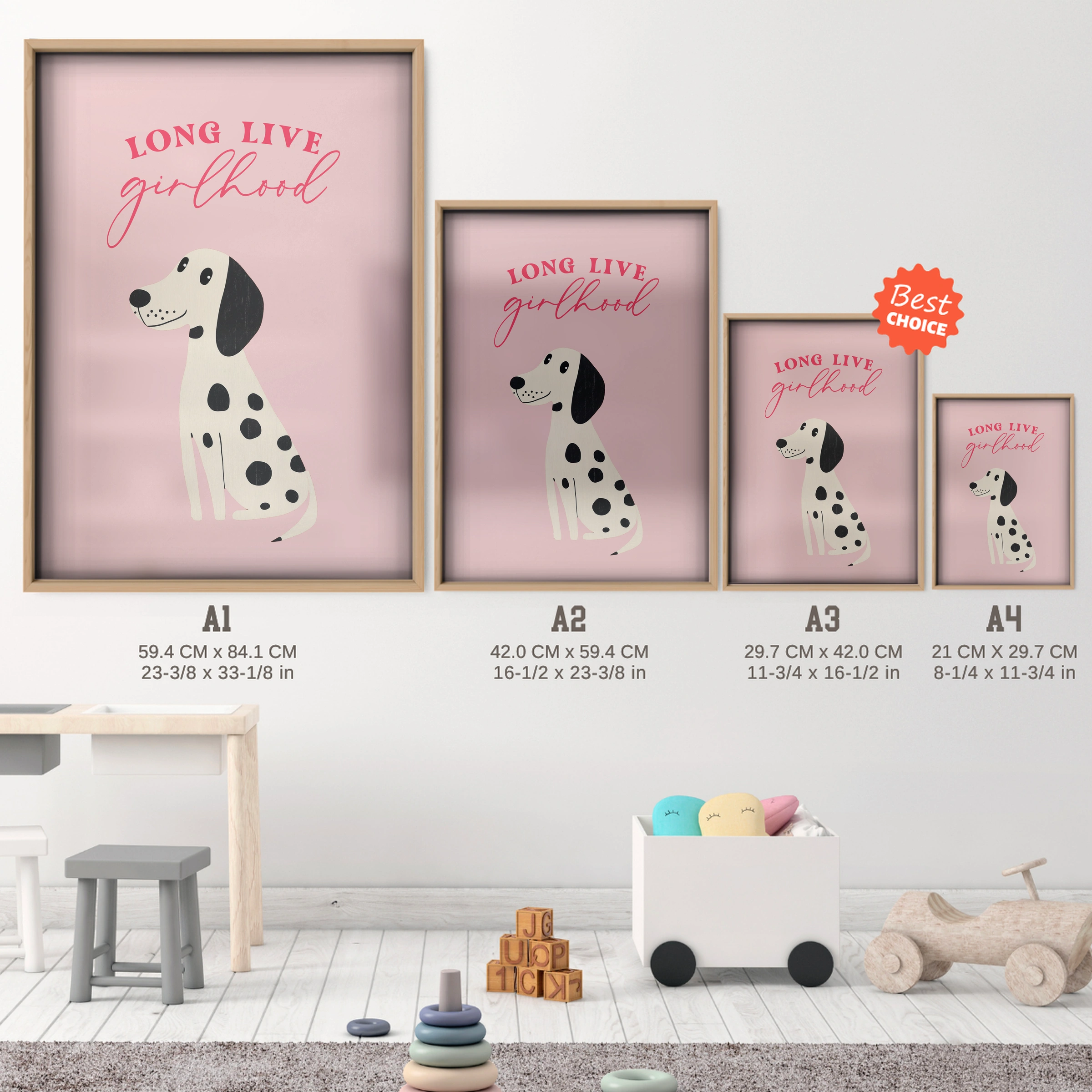 Long Live Girlhood Dalmatian Nursery Print - size guide A4 A3 A2 A1 nursery print
