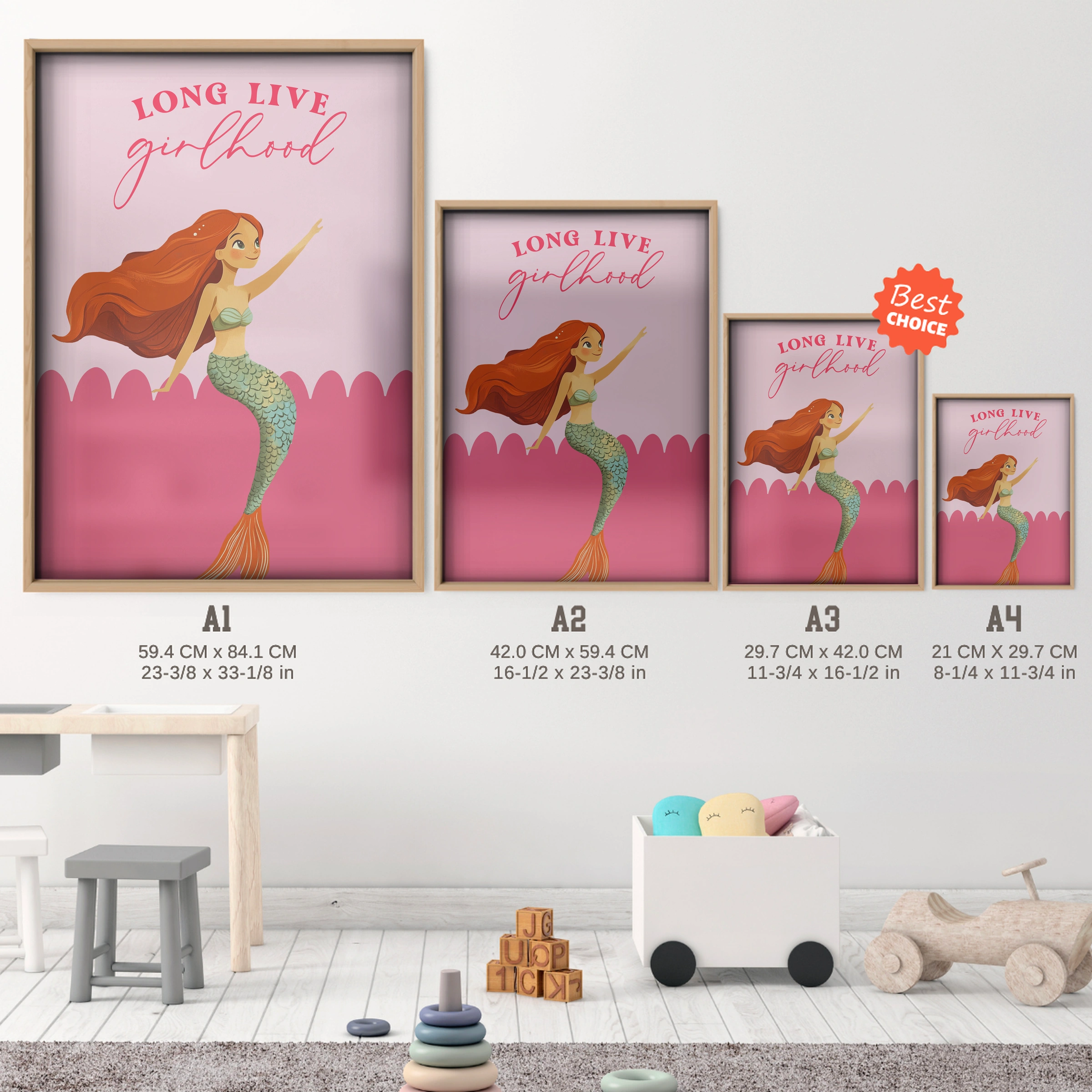 Long Live Girlhood Mermaid Nursery Print - size guide A4 A3 A2 A1 nursery print