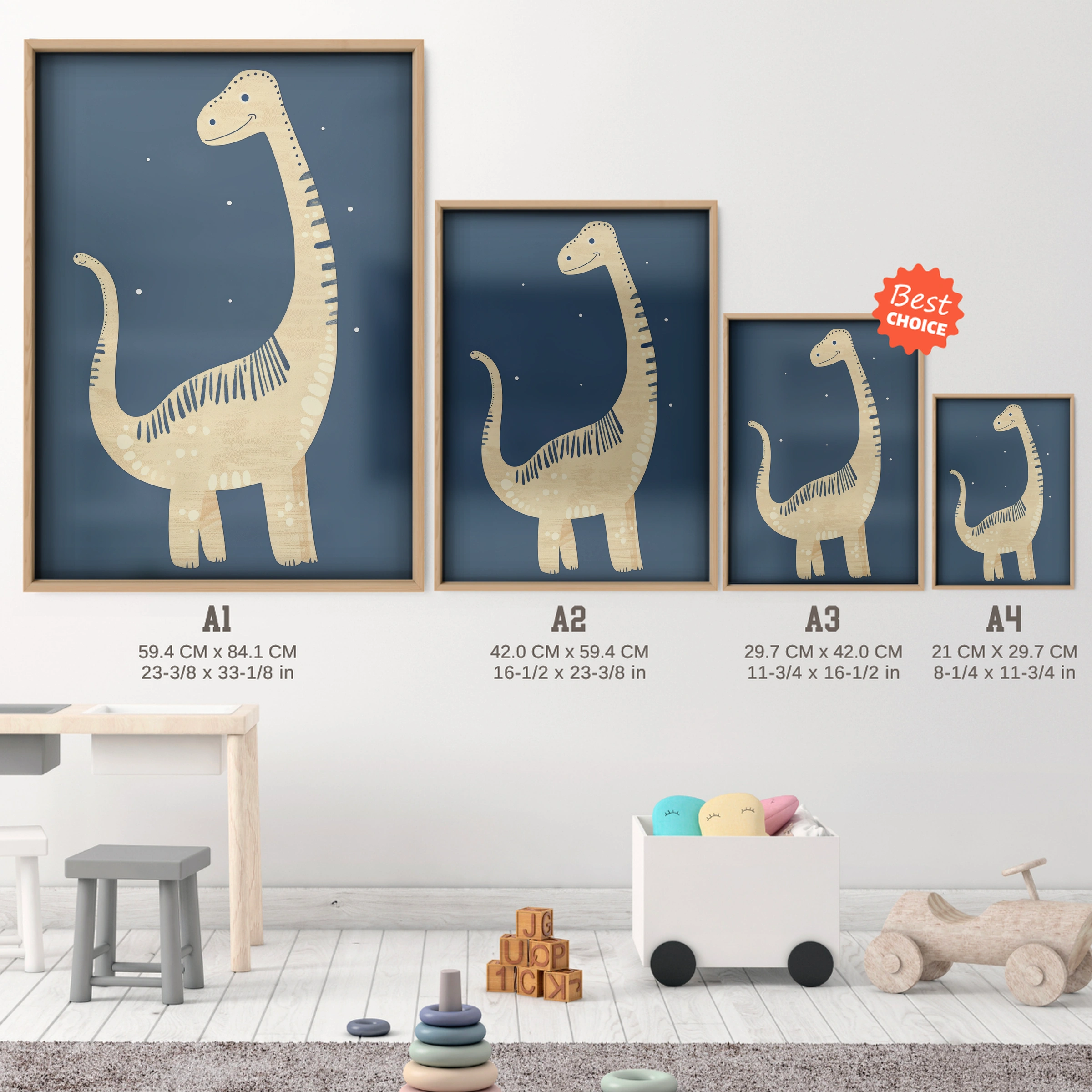 Long-Neck Dinosaur Nursery Print - size guide A4 A3 A2 A1 nursery print