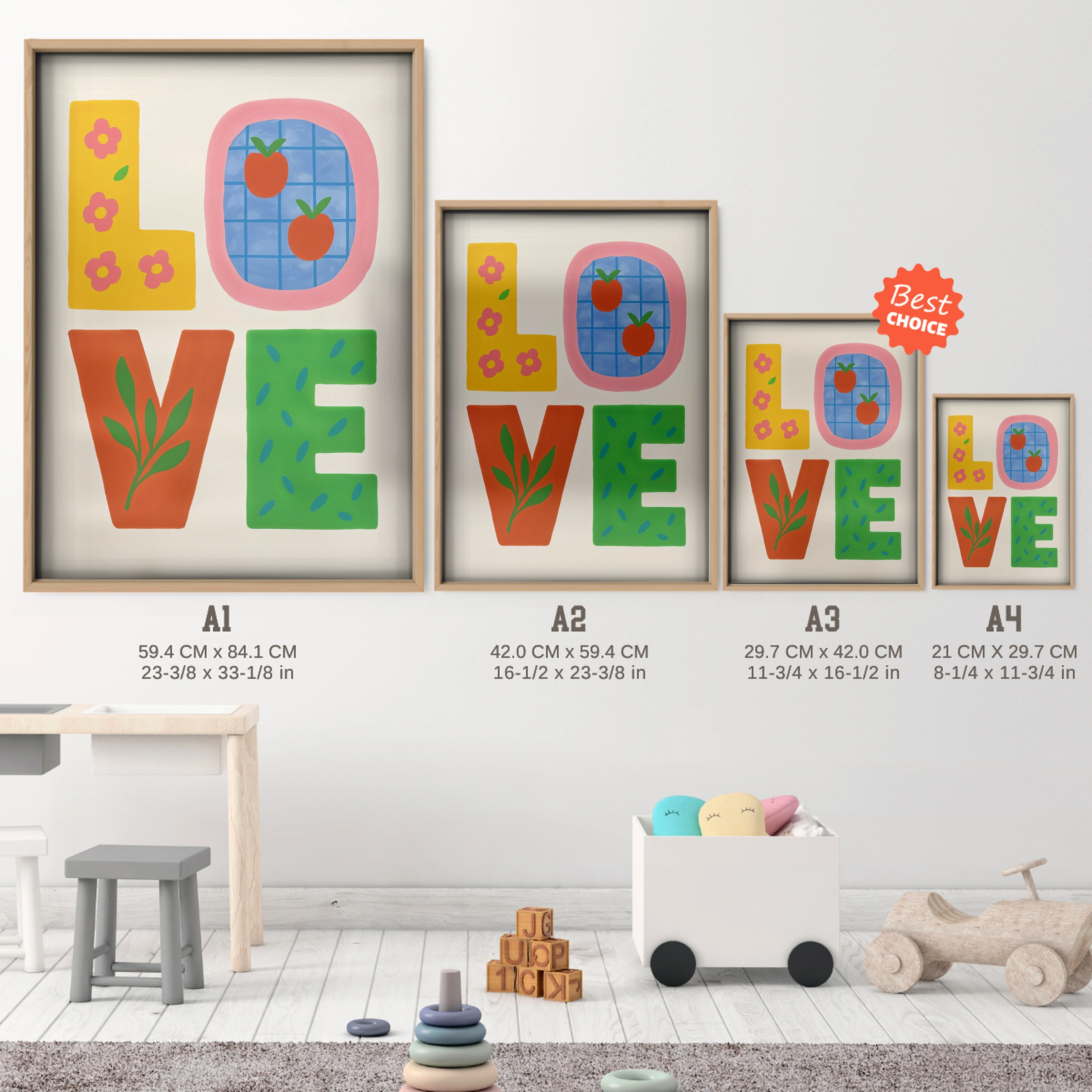 Love Nursery Print - size guide A4 A3 A2 A1 nursery print