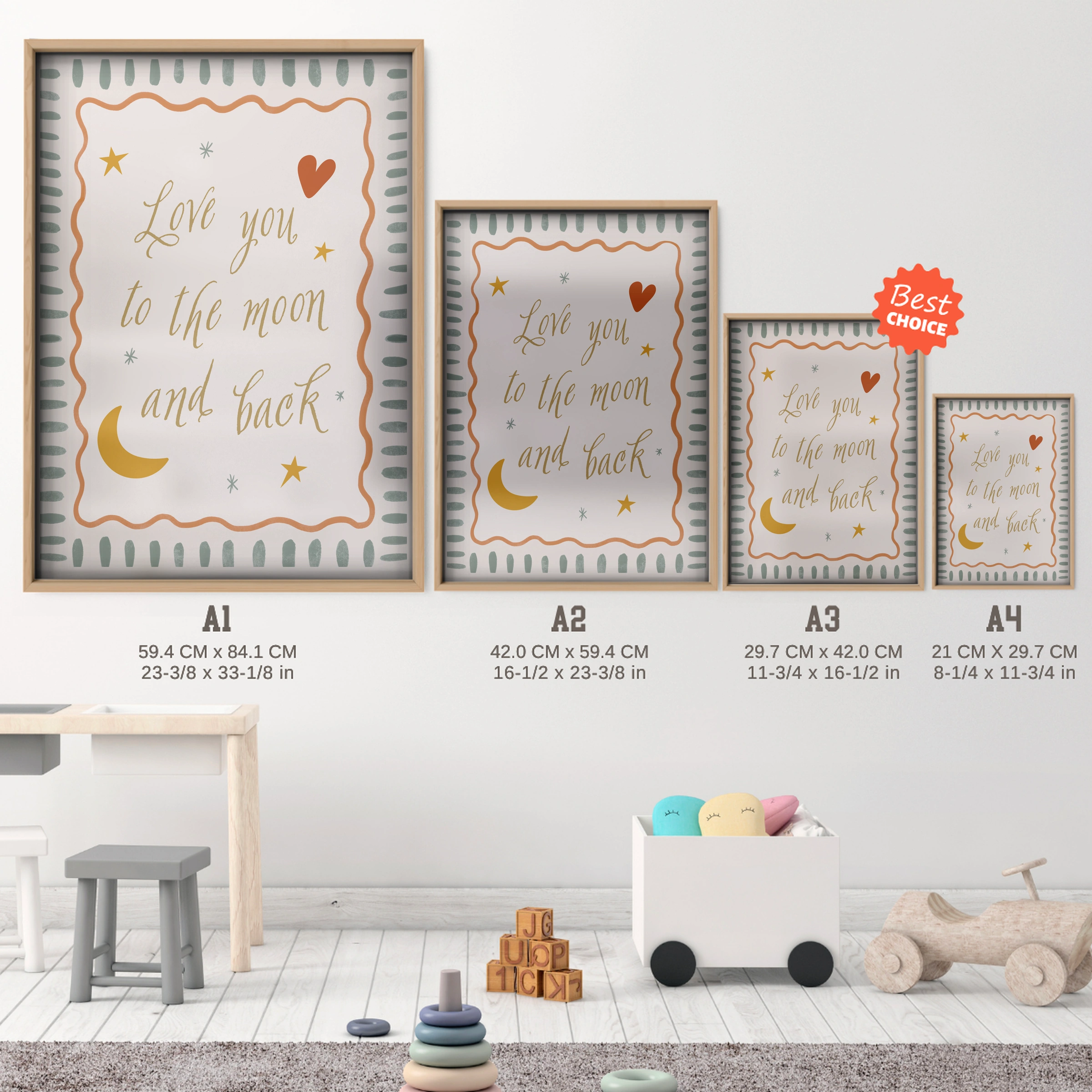 Love You To The Moon Nursery Print - size guide A4 A3 A2 A1 nursery print