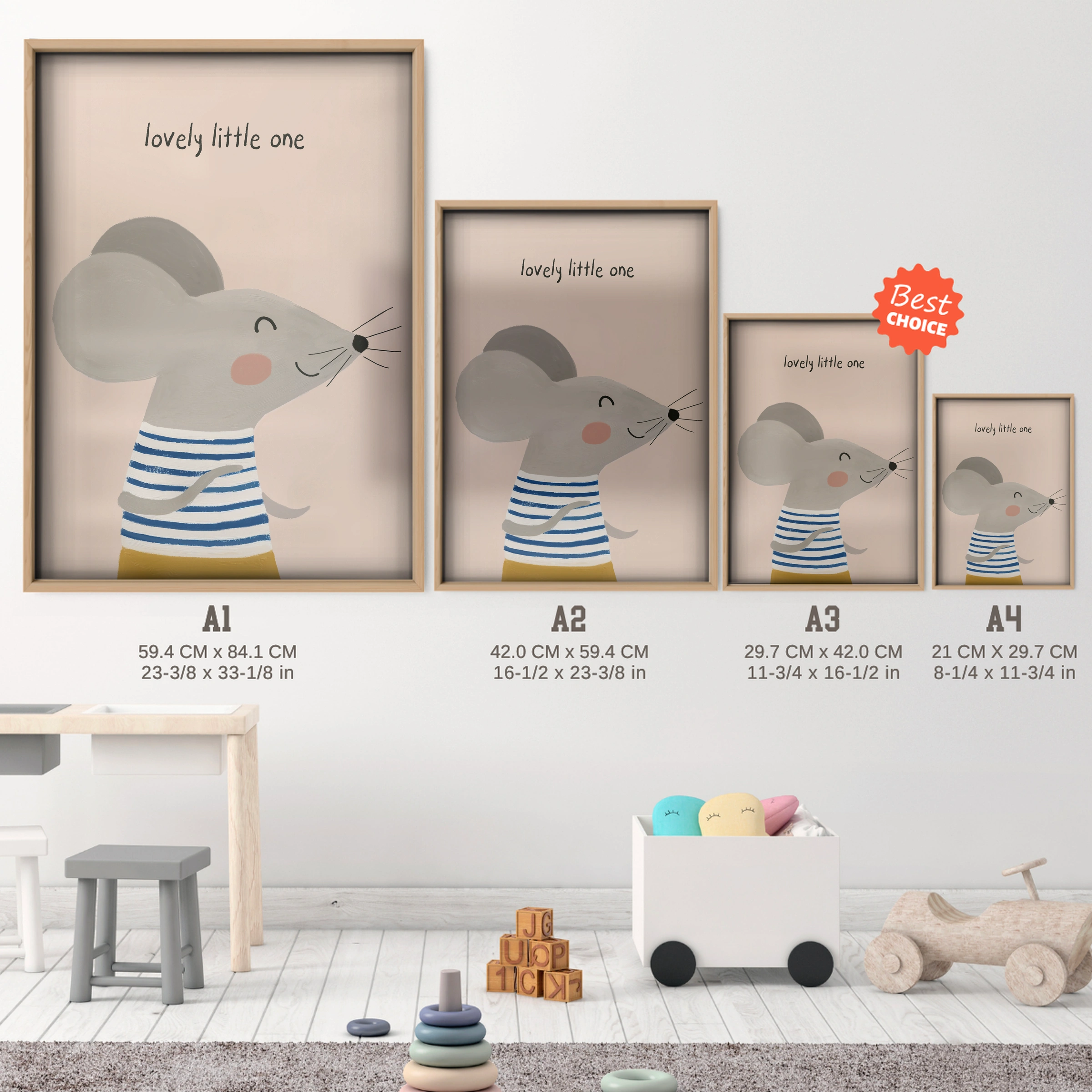 Lovely Little One Mouse Nursery Print - size guide A4 A3 A2 A1 nursery print