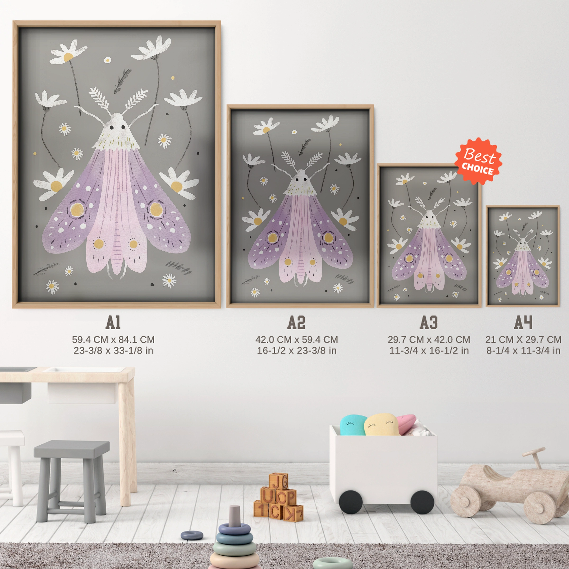 Luna Moth Nursery Print - size guide A4 A3 A2 A1 nursery print