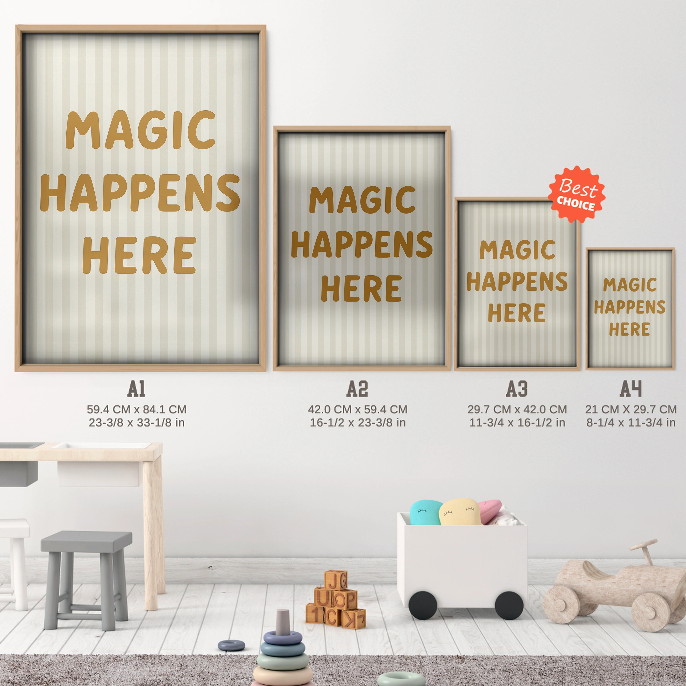 Magic Happens Here Nursery Print - size guide A4 A3 A2 A1 nursery print