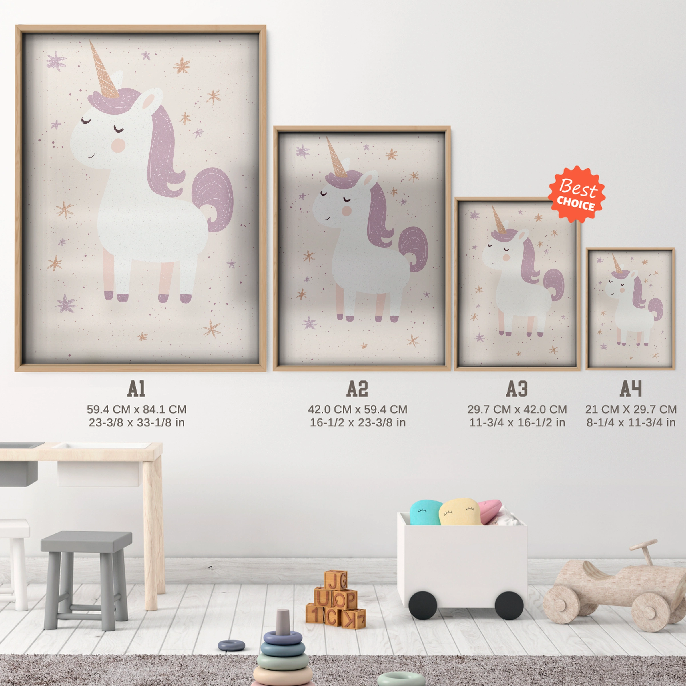Magical Unicorn Nursery Print - size guide A4 A3 A2 A1 nursery print