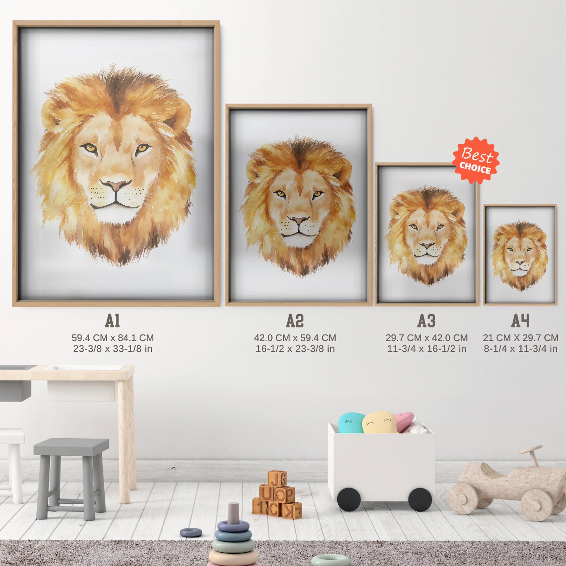 Majestic Lion Nursery Print - size guide A4 A3 A2 A1 nursery print