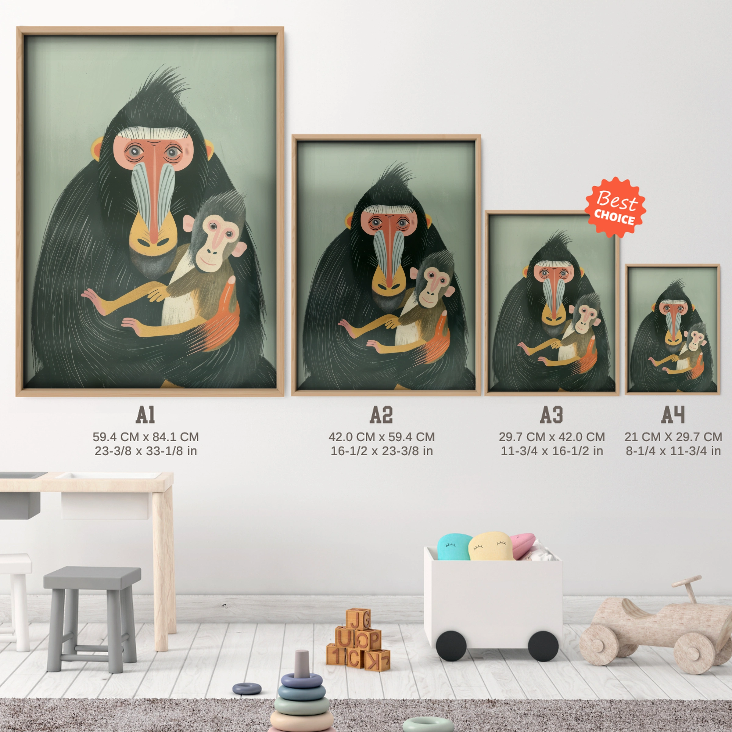 Mandrill and Baby Nursery Print - size guide A4 A3 A2 A1 nursery print