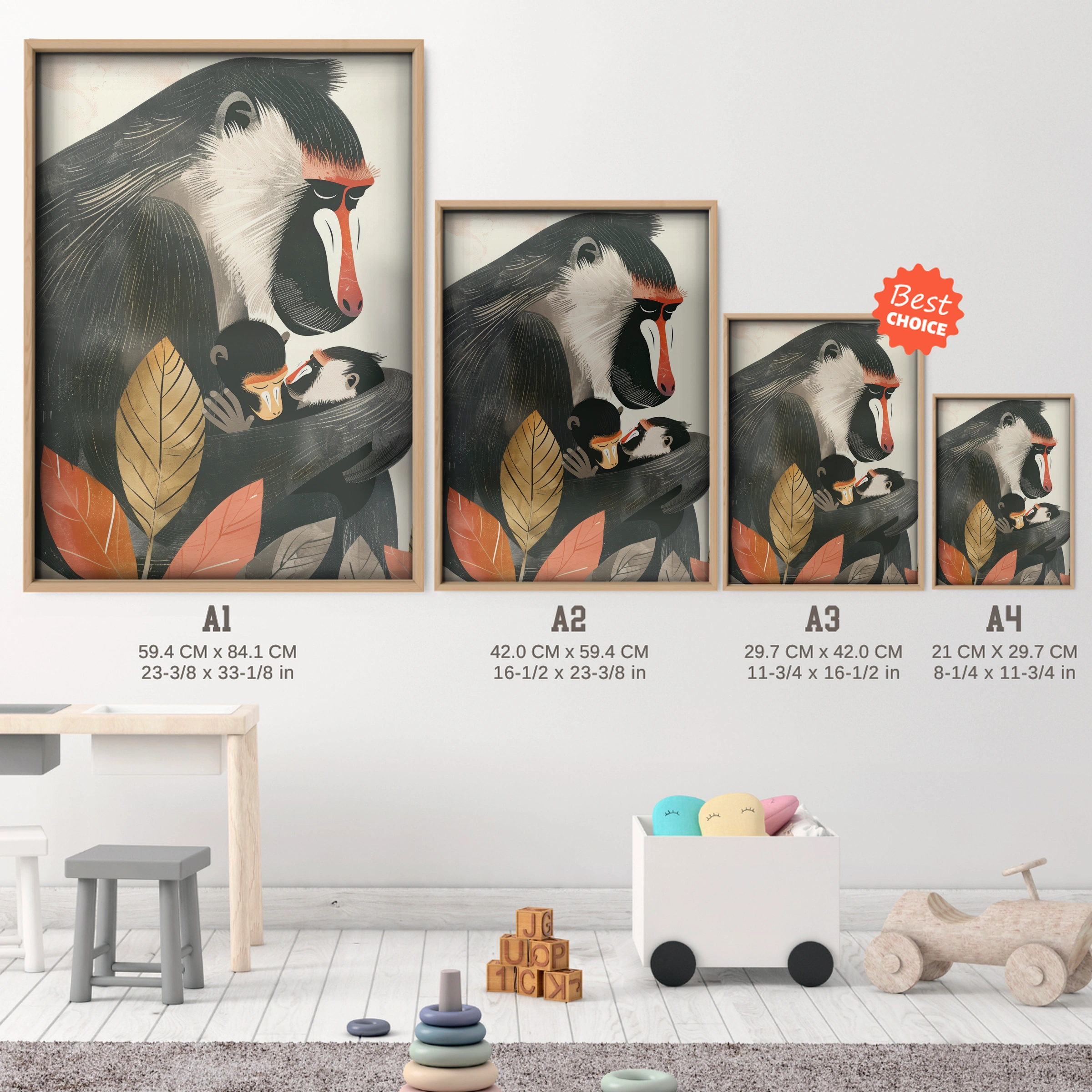 Mandrill Family Nursery Print - size guide A4 A3 A2 A1 nursery print