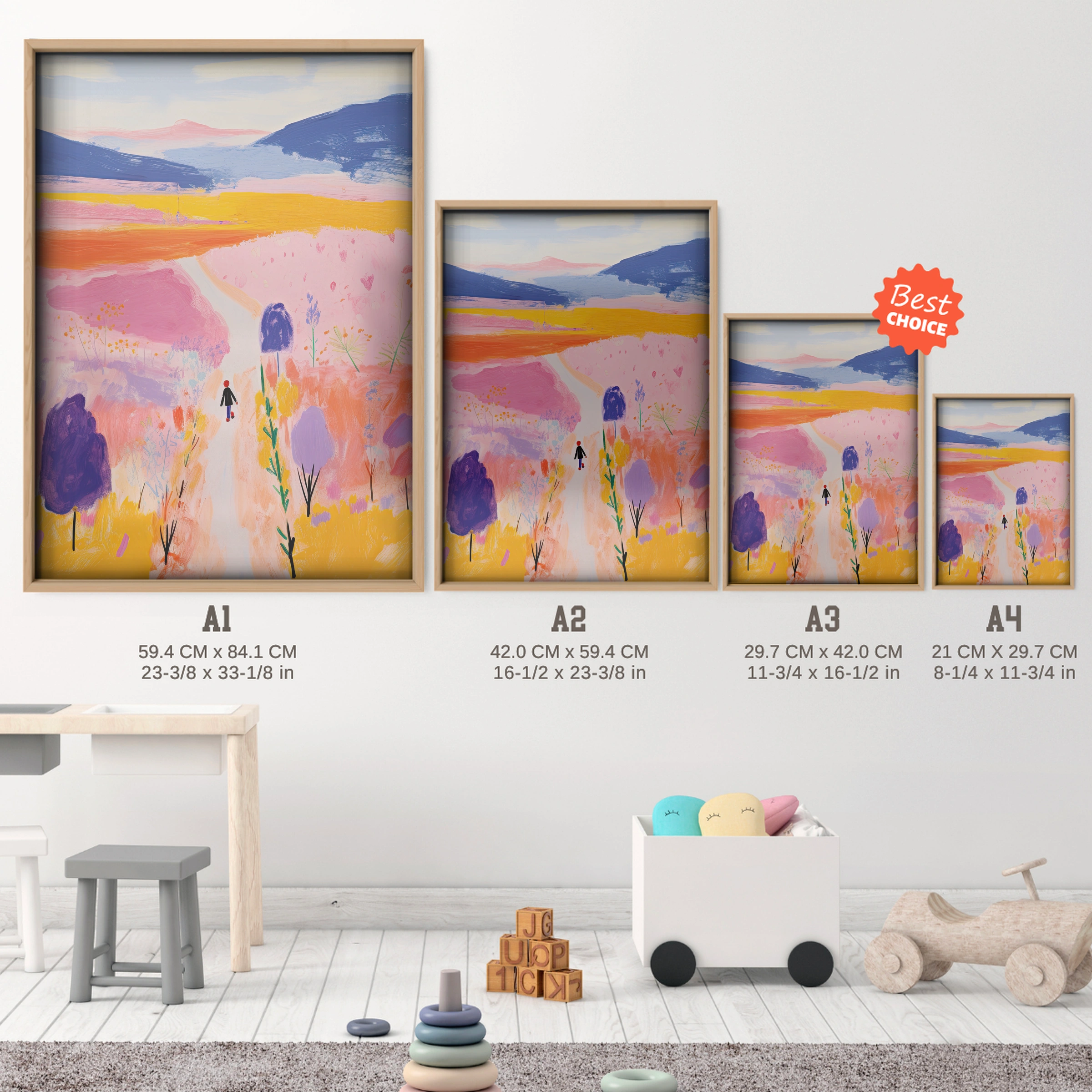 Meadow Path Nursery Print - size guide A4 A3 A2 A1 nursery print