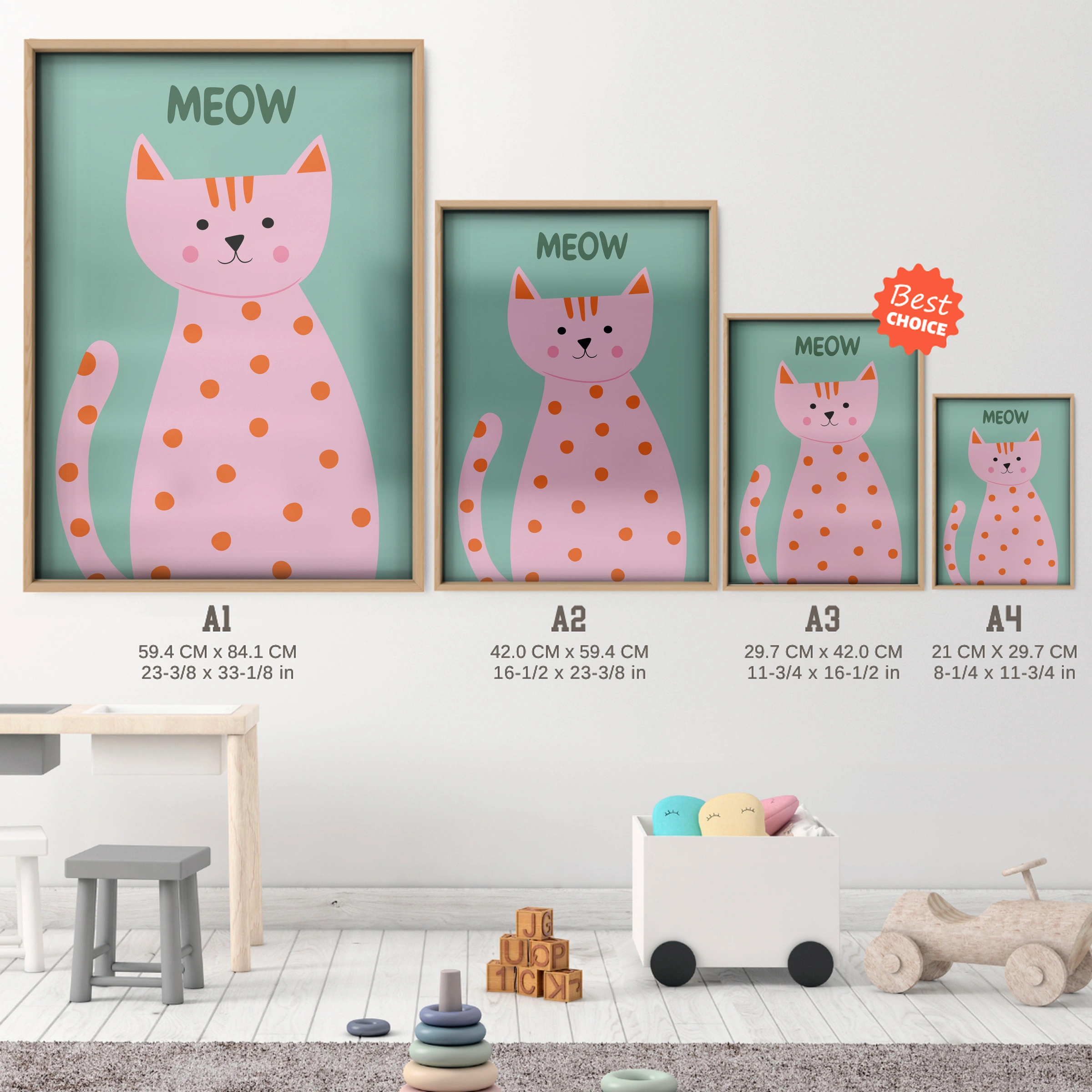 Meow Cat Nursery Print - size guide A4 A3 A2 A1 nursery print