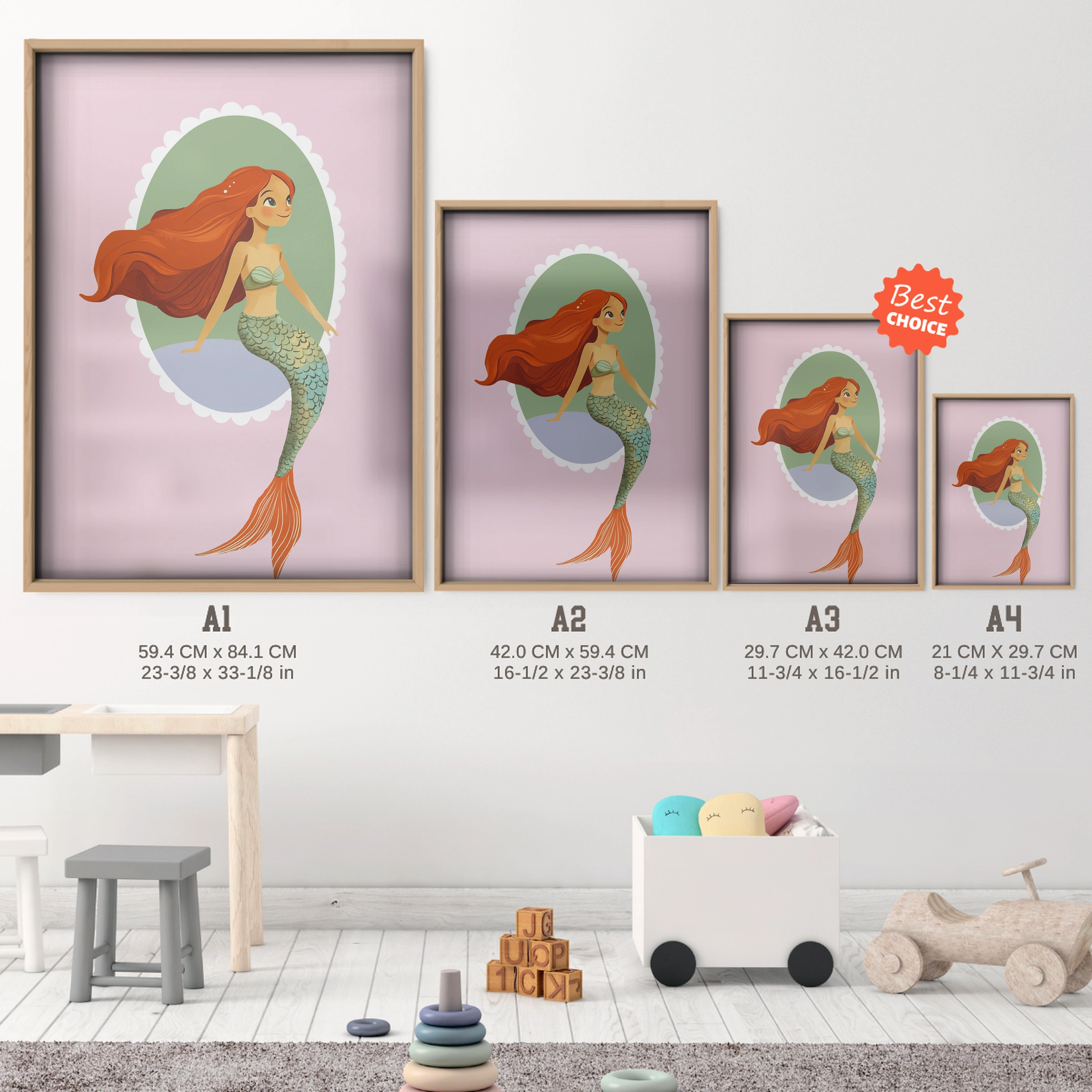 Mermaid Cameo Nursery Print - size guide A4 A3 A2 A1 nursery print