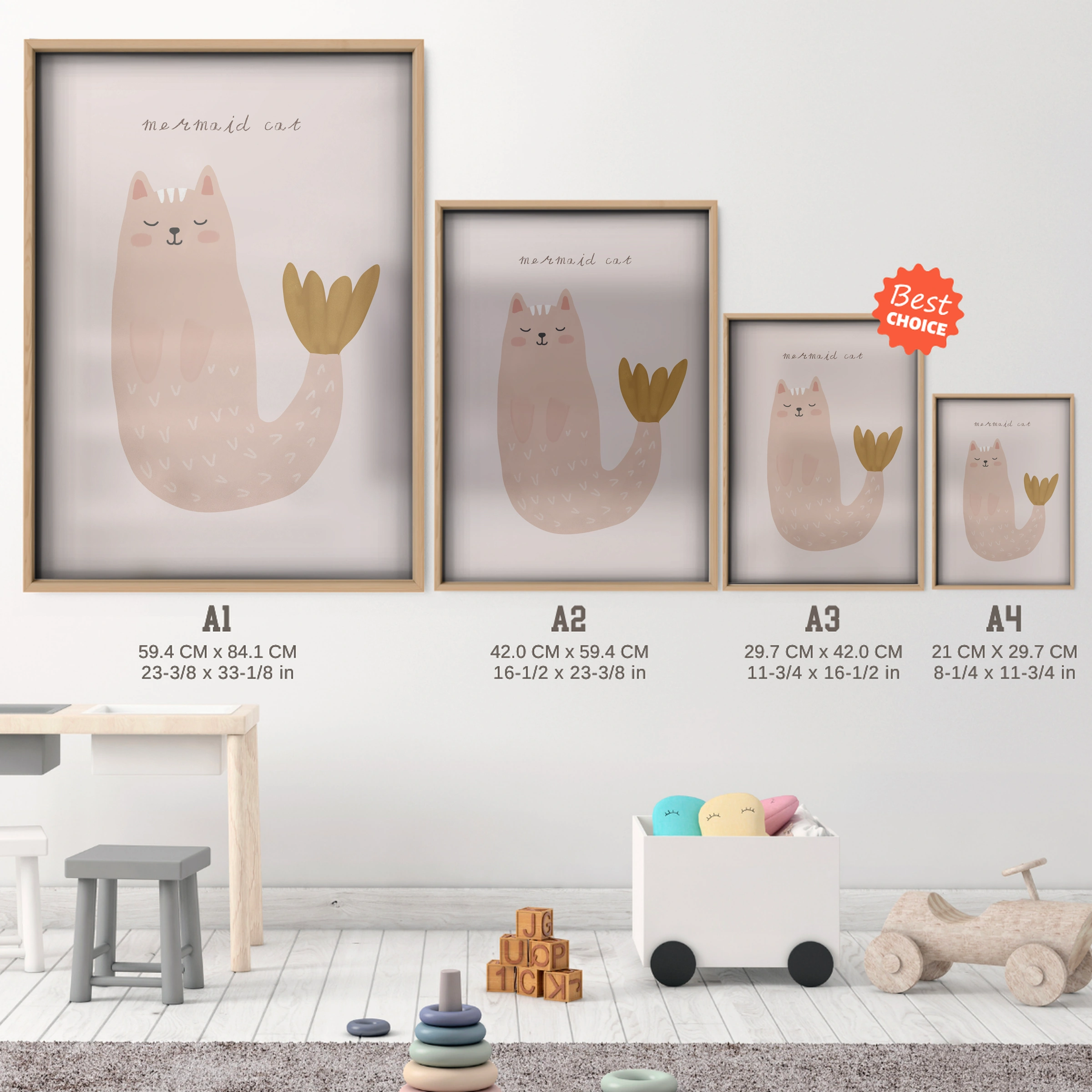 Mermaid Cat Nursery Print - size guide A4 A3 A2 A1 nursery print