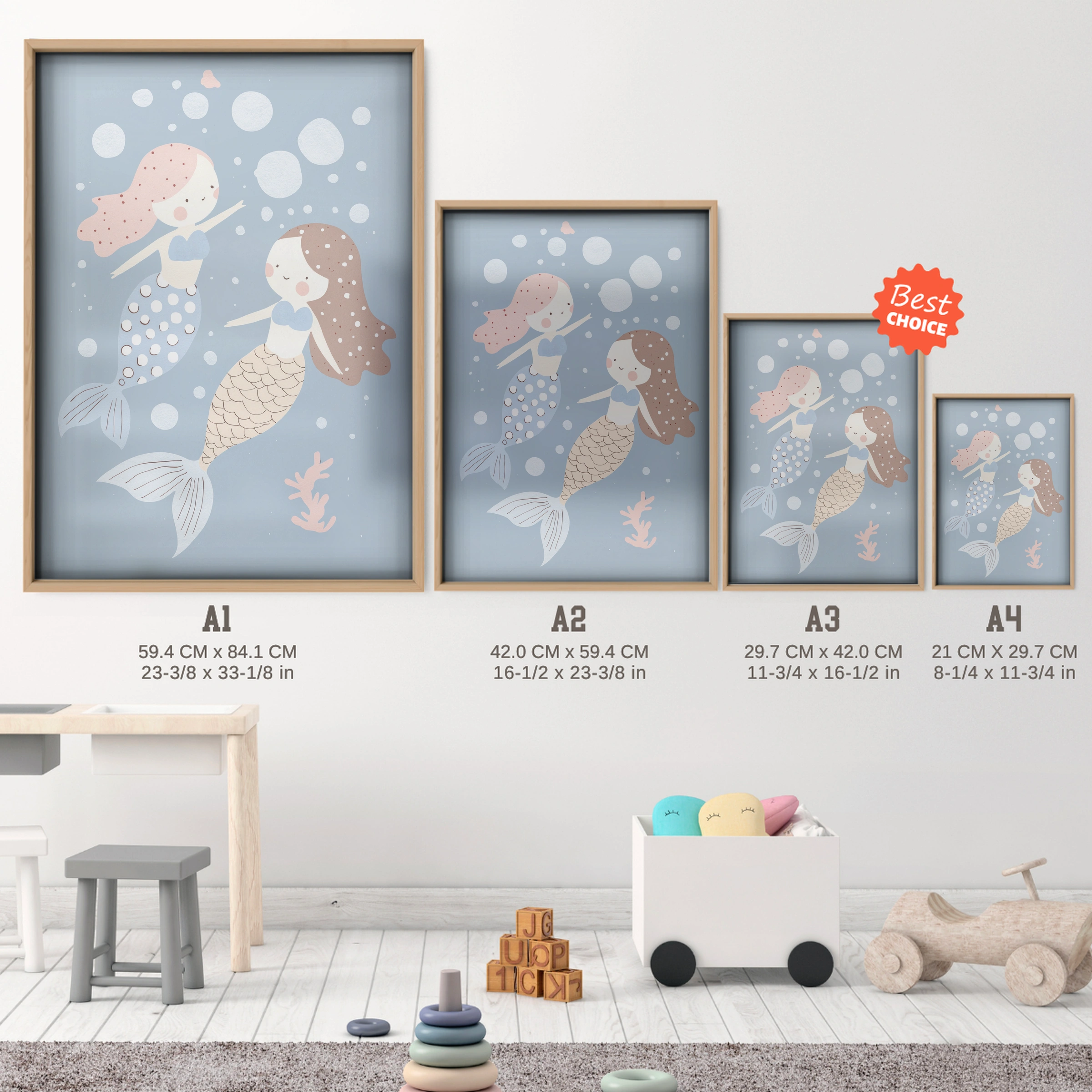 Mermaid Friends Nursery Print - size guide A4 A3 A2 A1 nursery print