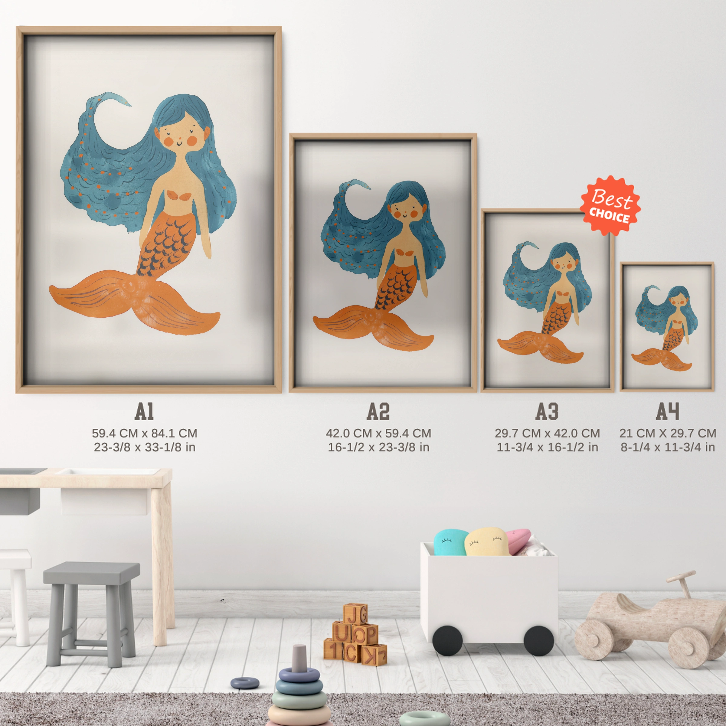 Mermaid Nursery Print - size guide A4 A3 A2 A1 nursery print
