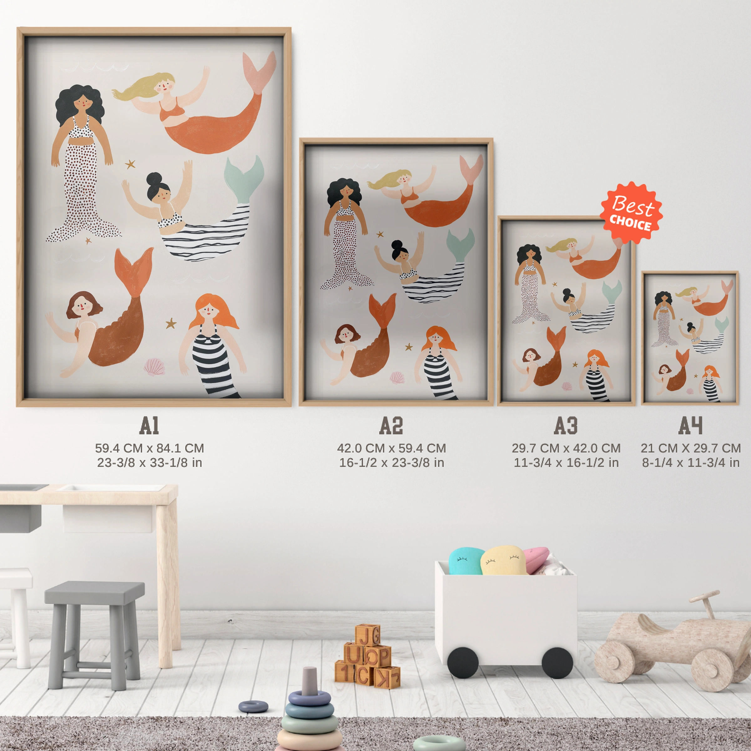 Mermaid Trio Nursery Print - size guide A4 A3 A2 A1 nursery print