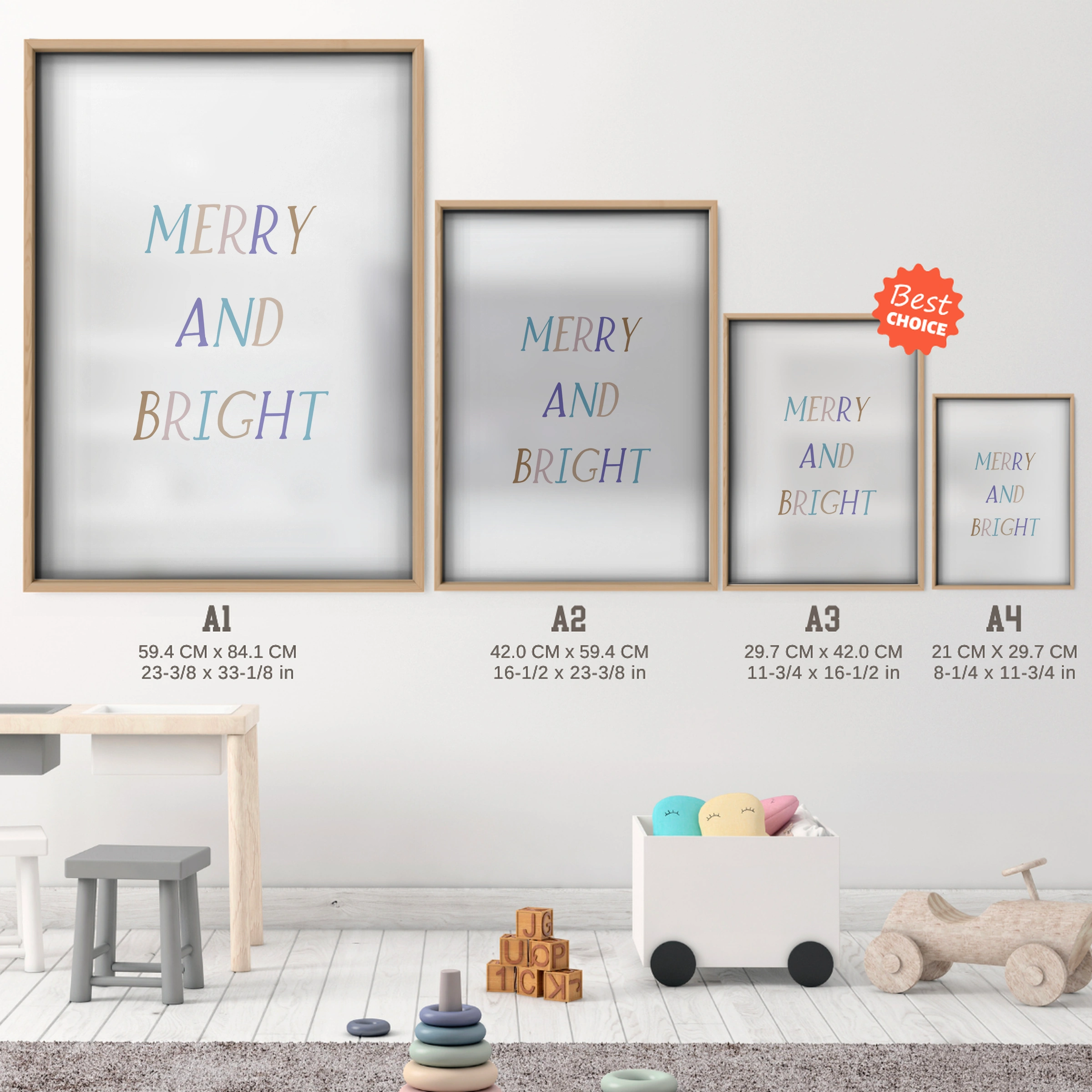 Merry and Bright Christmas Print - size guide A4 A3 A2 A1 nursery print