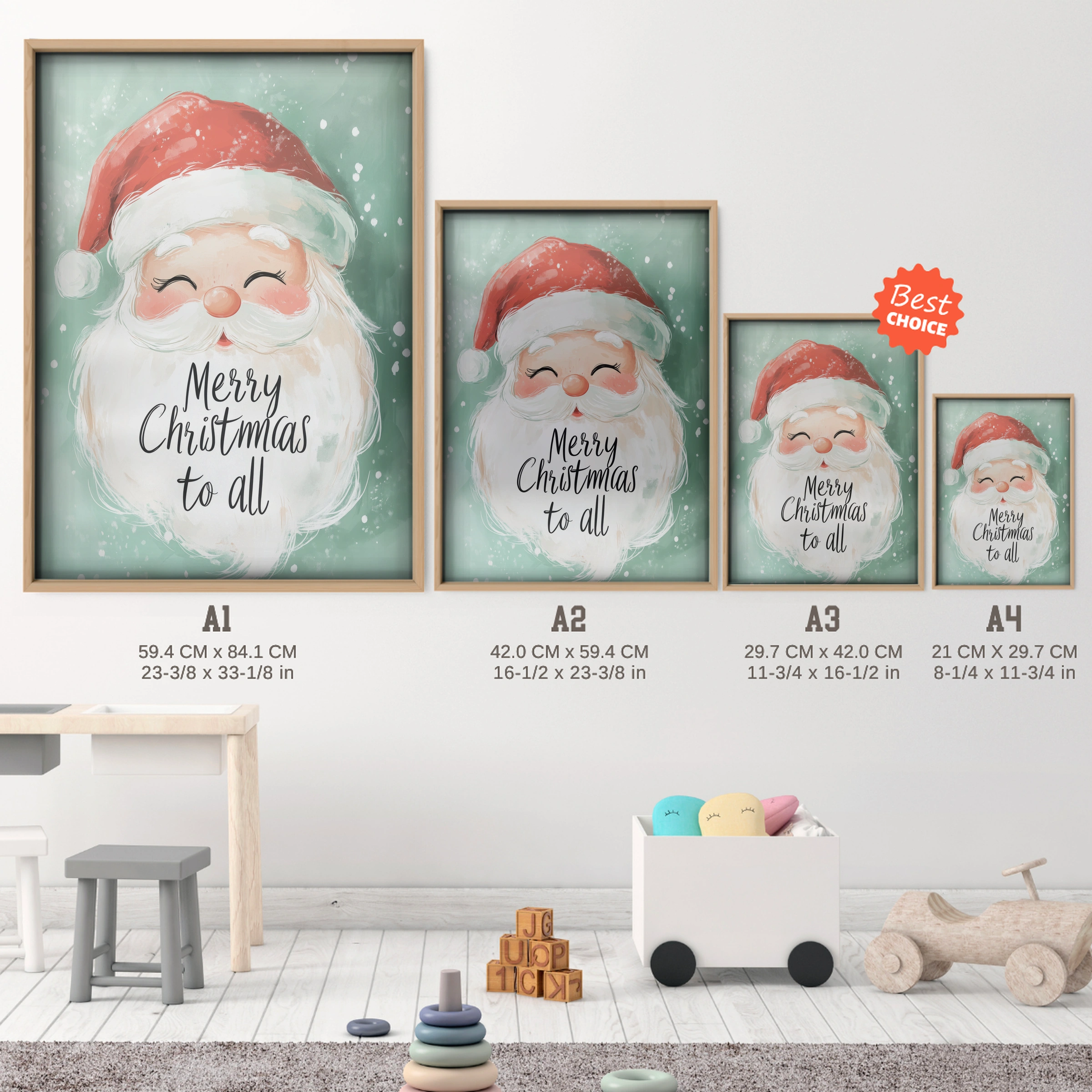 Merry Christmas Santa Print - size guide A4 A3 A2 A1 nursery print
