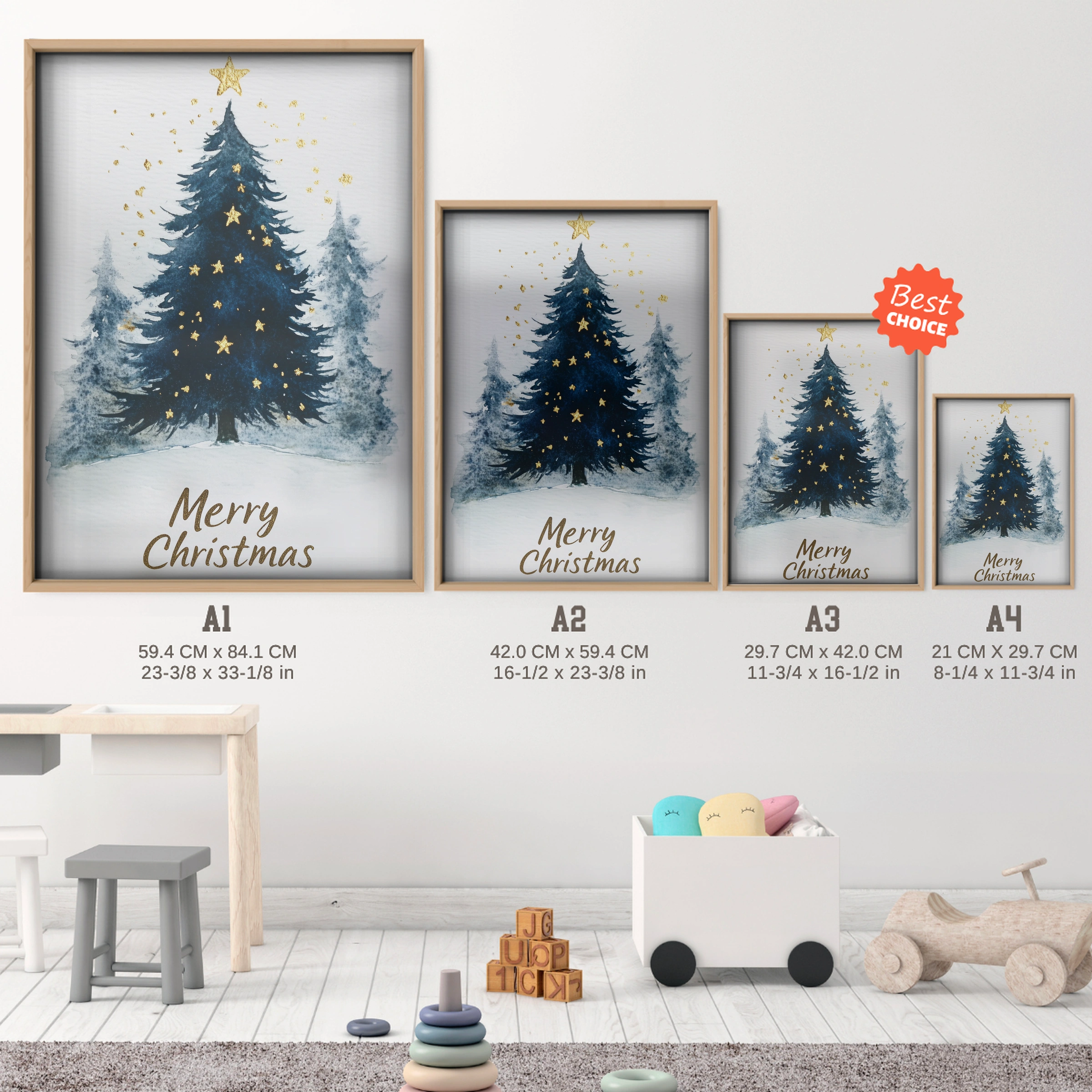 Merry Christmas Tree Print - size guide A4 A3 A2 A1 nursery print
