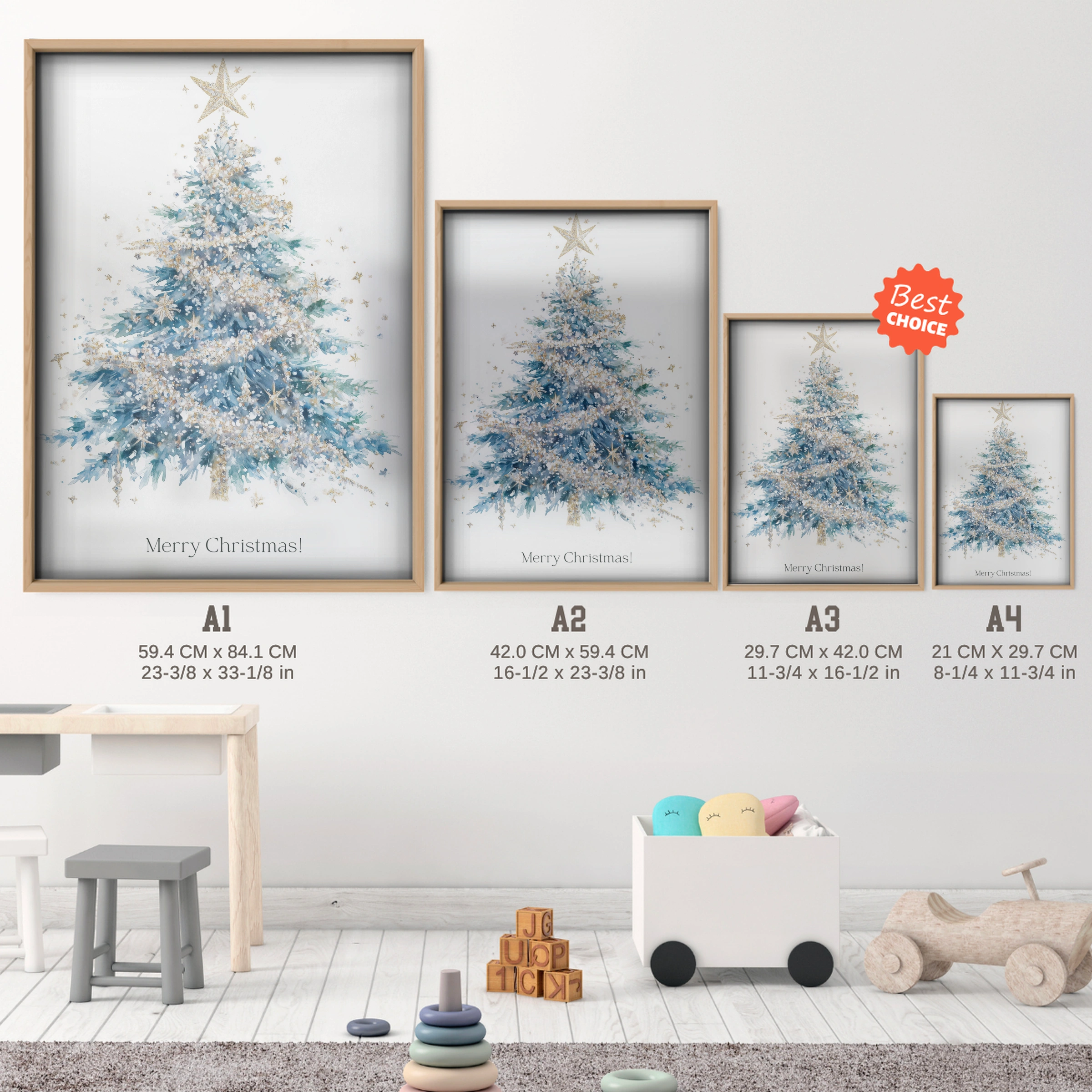 Merry Christmas Tree Print - size guide A4 A3 A2 A1 nursery print