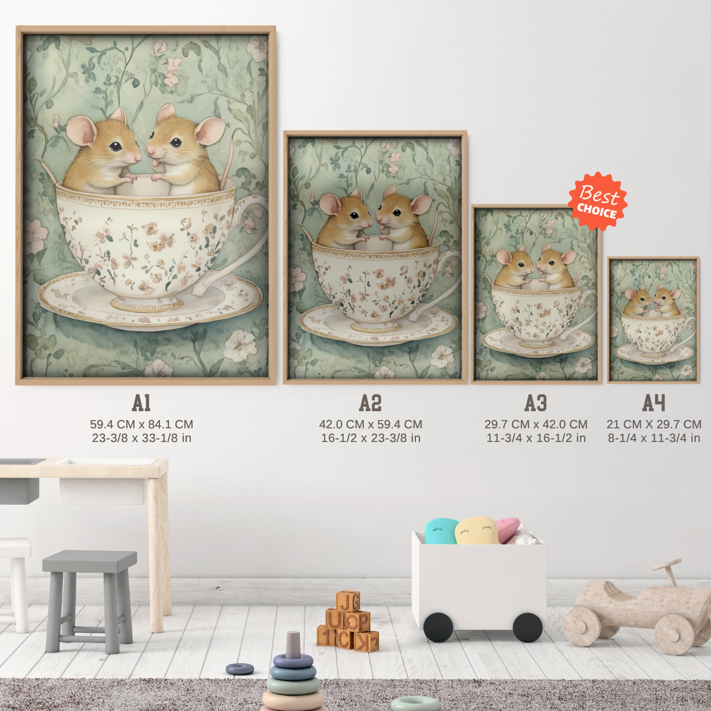 Mice in a Teacup Nursery Print - size guide A4 A3 A2 A1 nursery print