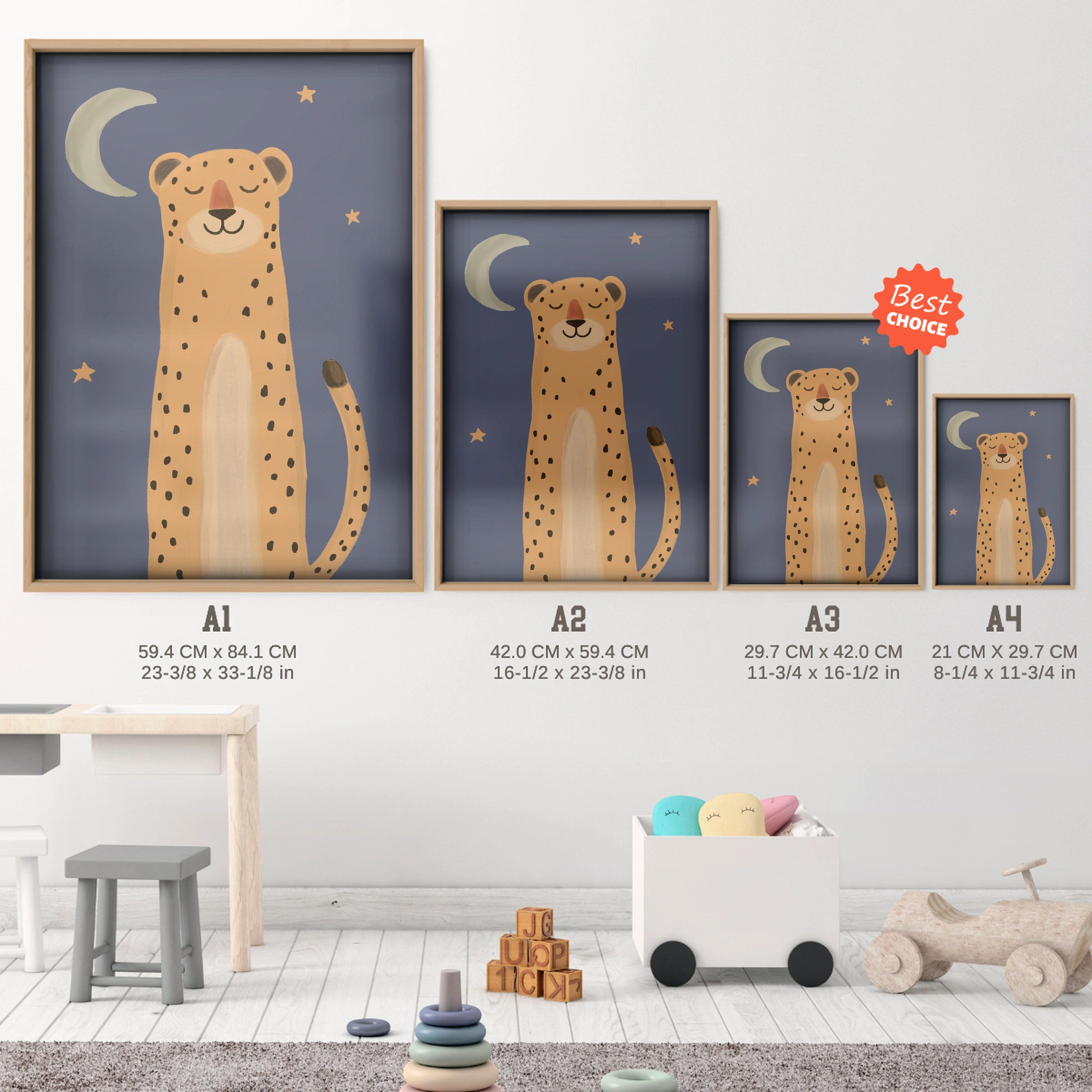 Midnight Leopard Nursery Print - size guide A4 A3 A2 A1 nursery print
