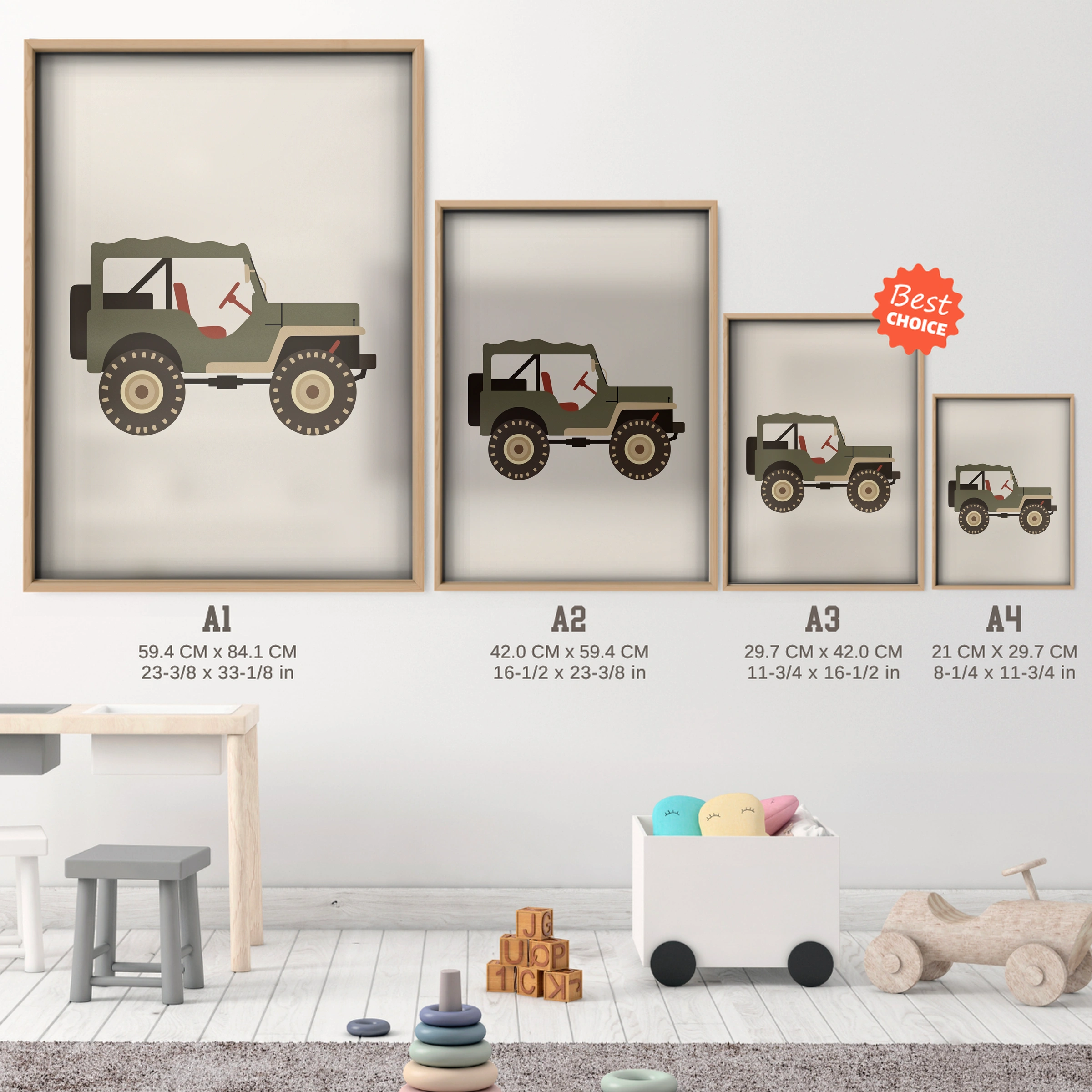 Military Jeep Nursery Print - size guide A4 A3 A2 A1 nursery print