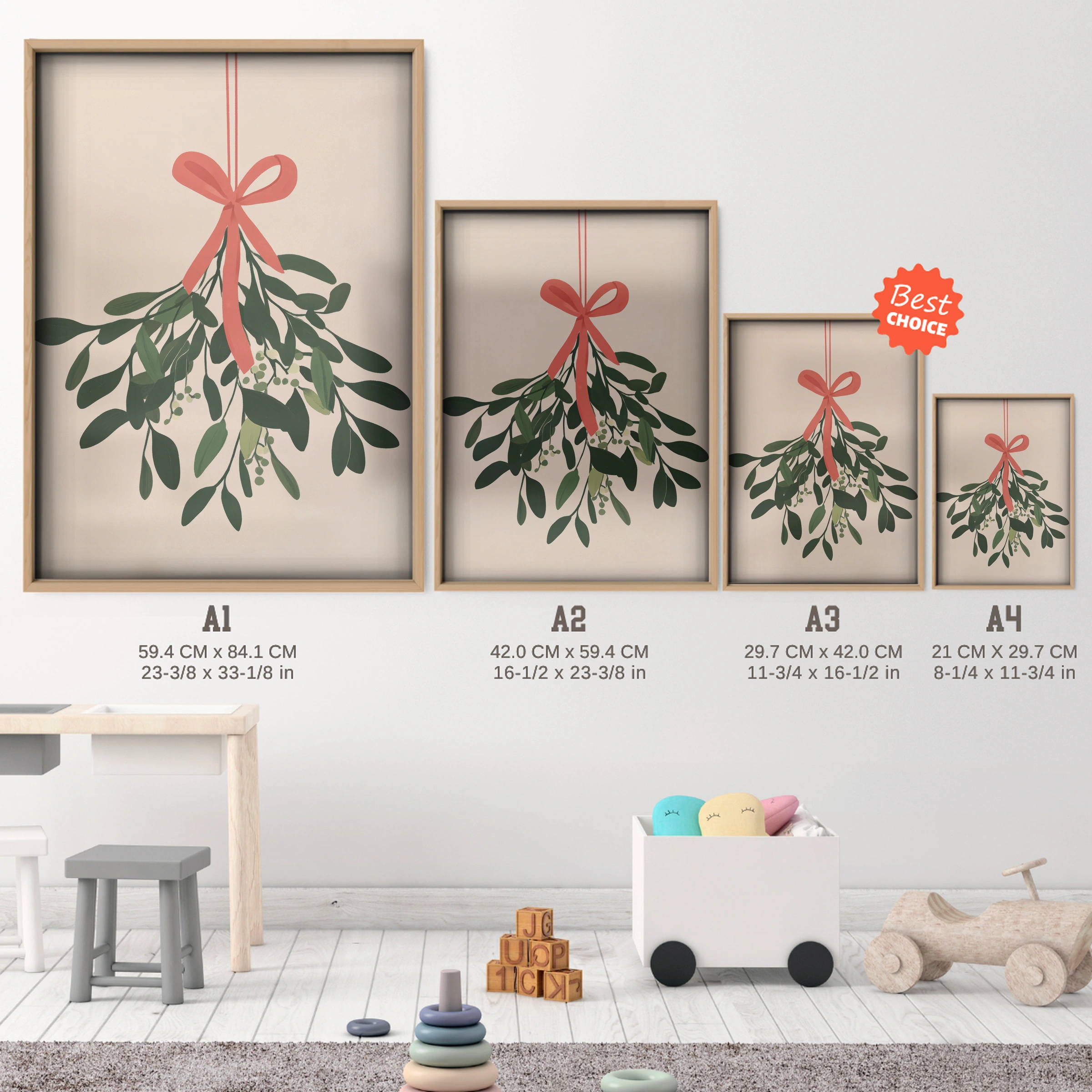 Mistletoe Christmas Print - size guide A4 A3 A2 A1 nursery print