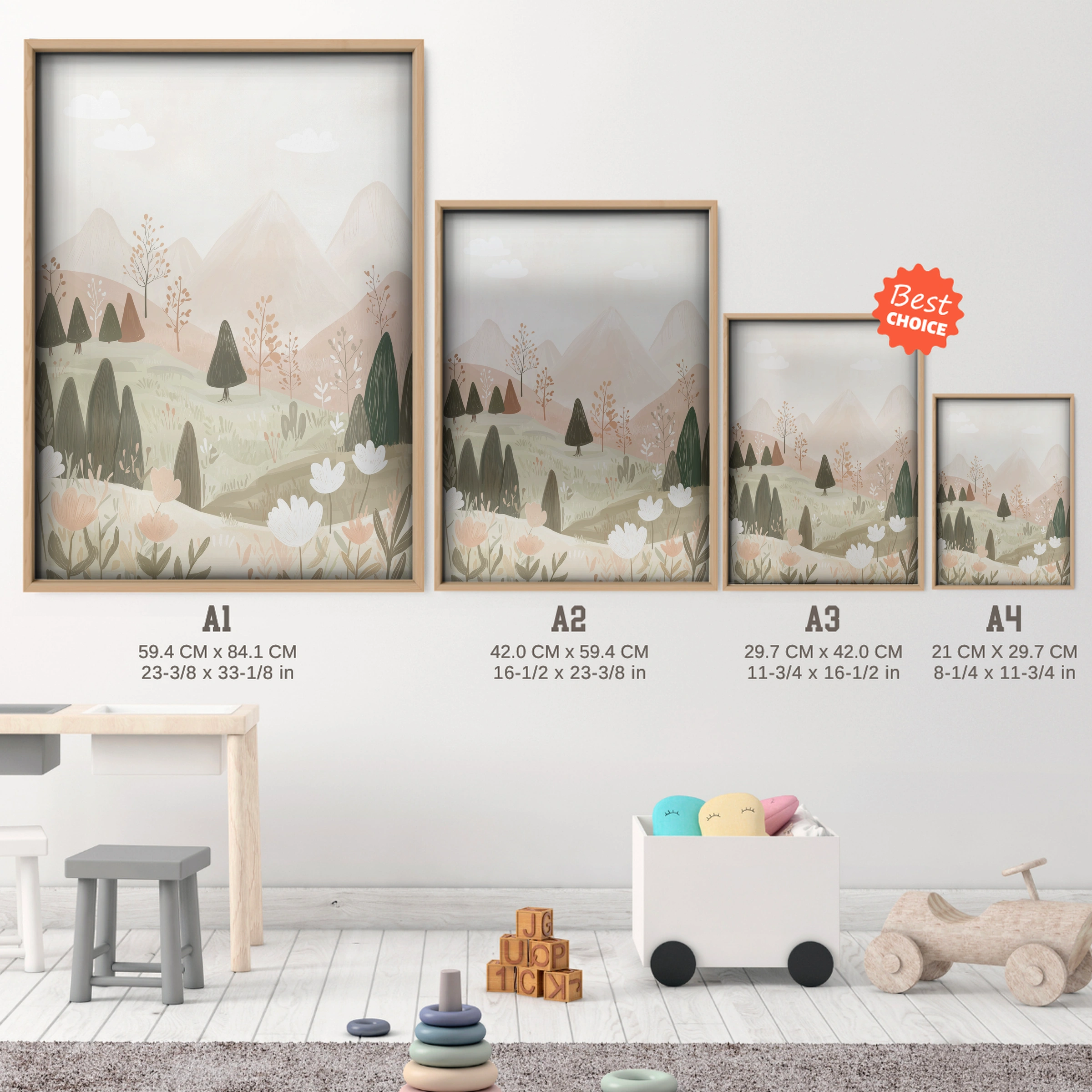 Misty Mountains Nursery Print - size guide A4 A3 A2 A1 nursery print