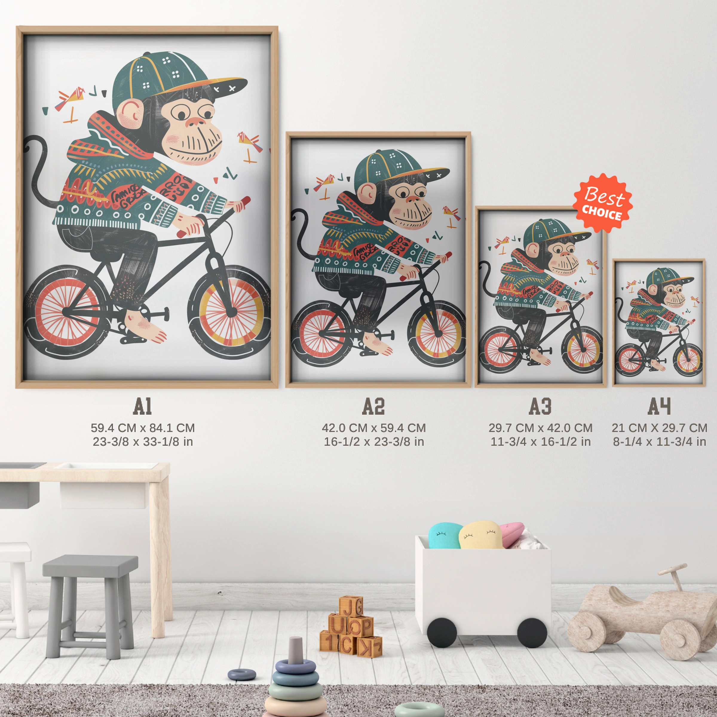 Monkey on a Bicycle Nursery Print - size guide A4 A3 A2 A1 nursery print