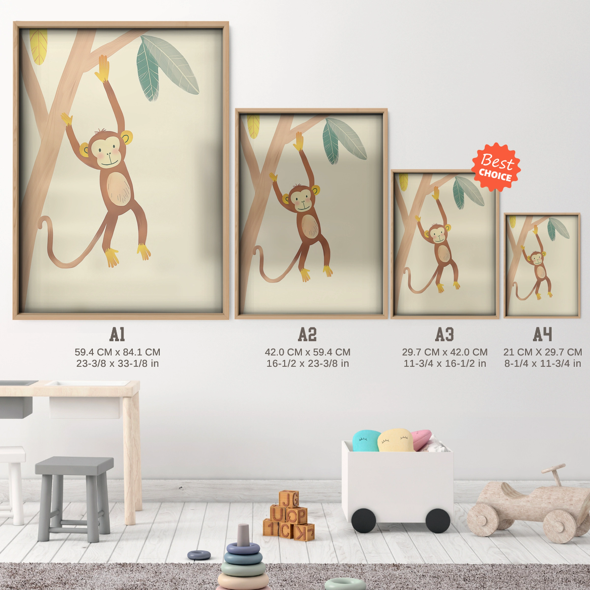 Monkey on a Branch Nursery Print - size guide A4 A3 A2 A1 nursery print