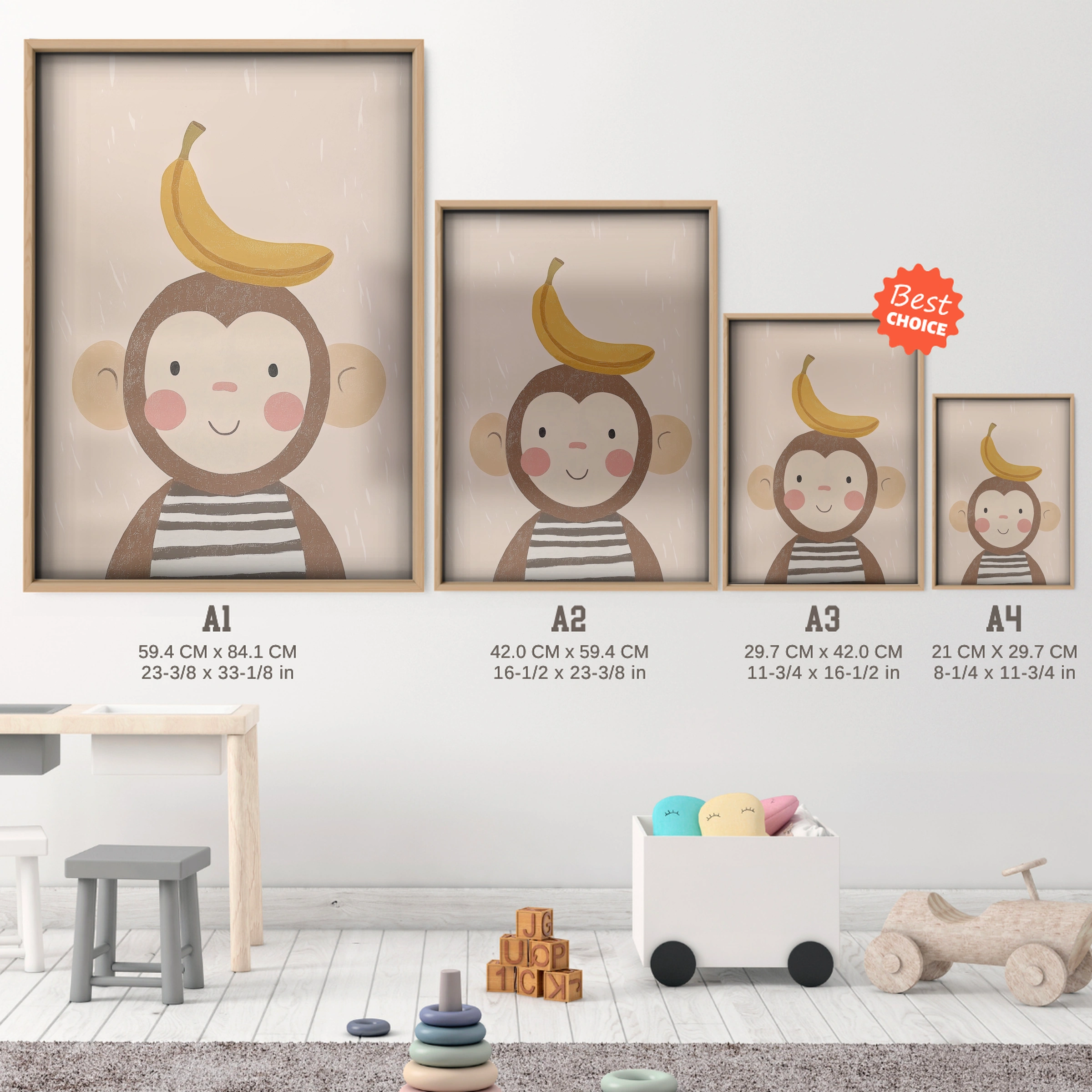 Monkey with Banana Nursery Print - size guide A4 A3 A2 A1 nursery print