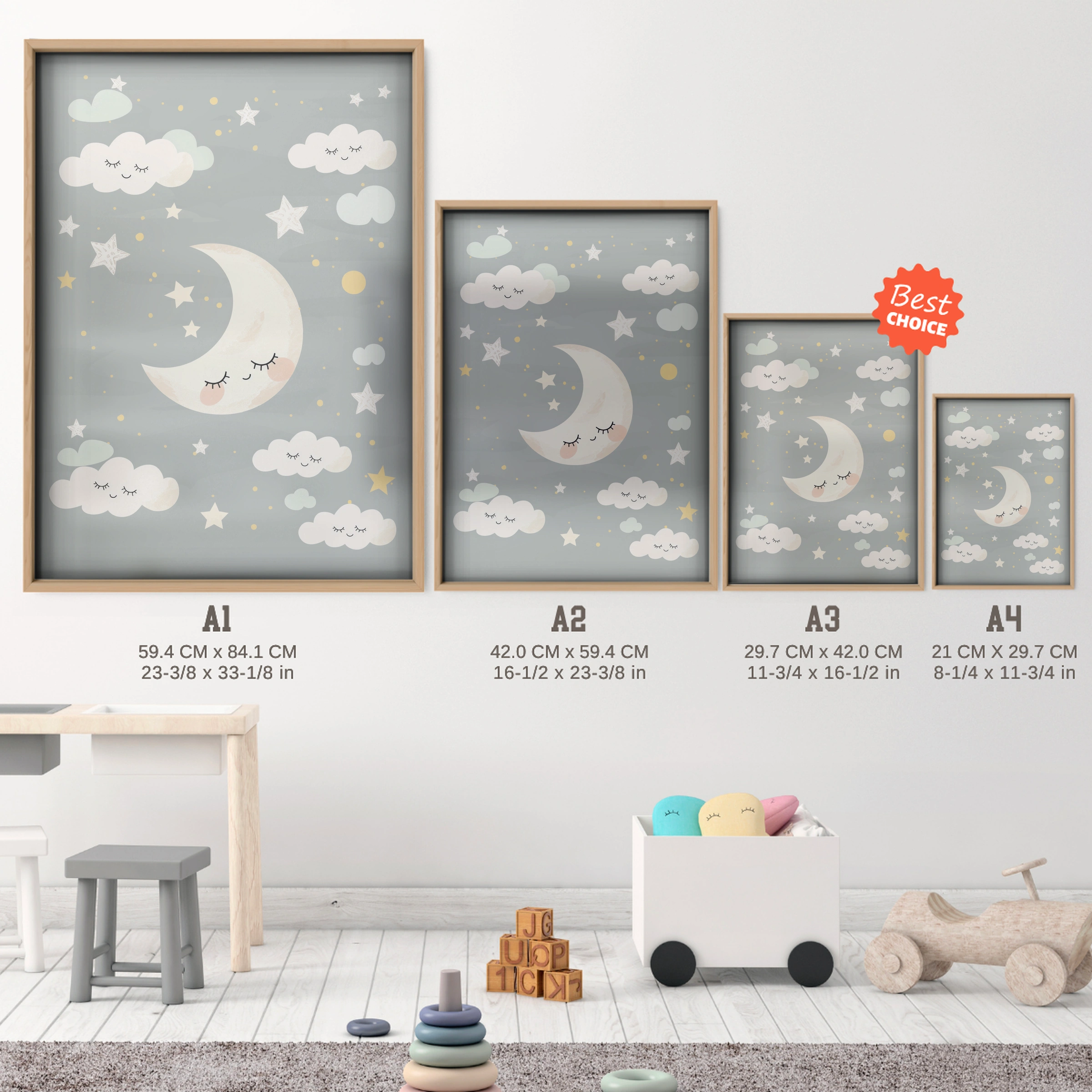 Moon and Clouds Nursery Print - size guide A4 A3 A2 A1 nursery print