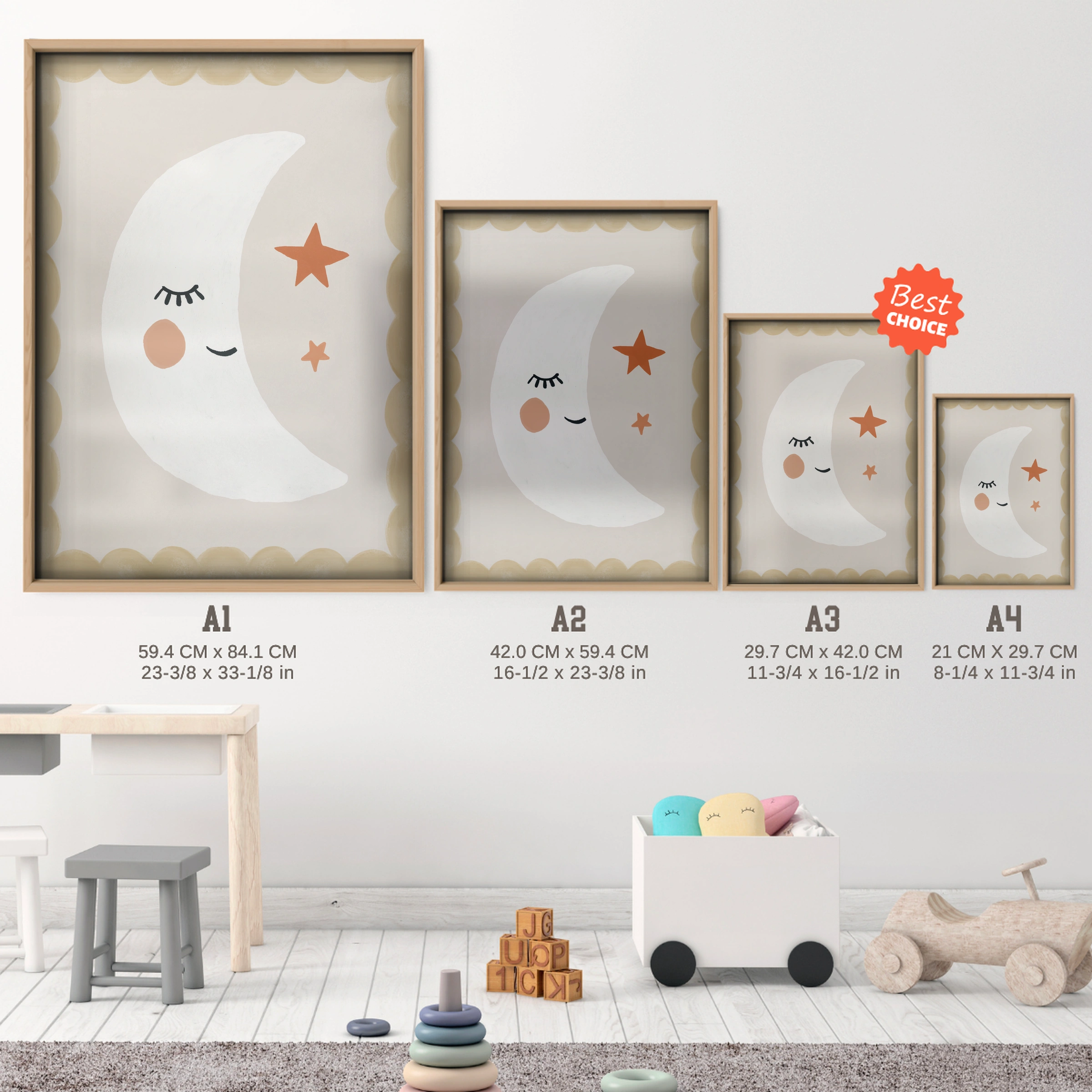 Moon and Stars Nursery Print - size guide A4 A3 A2 A1 nursery print