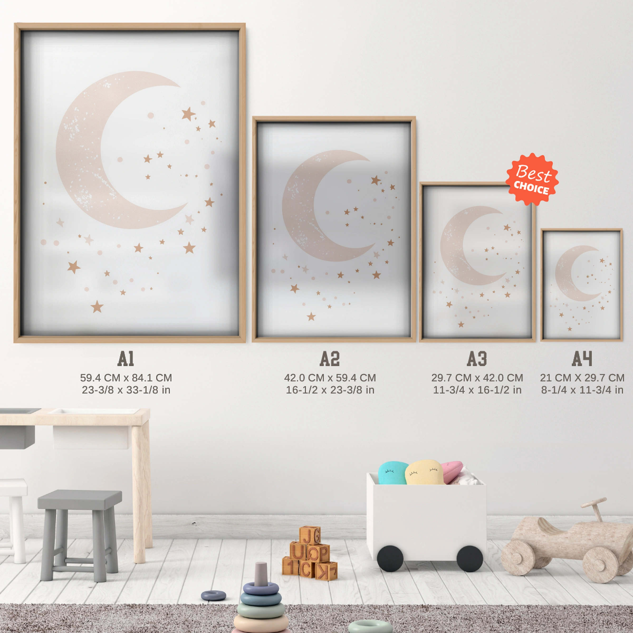 Moon and Stars Two Nursery Print - size guide A4 A3 A2 A1 nursery print