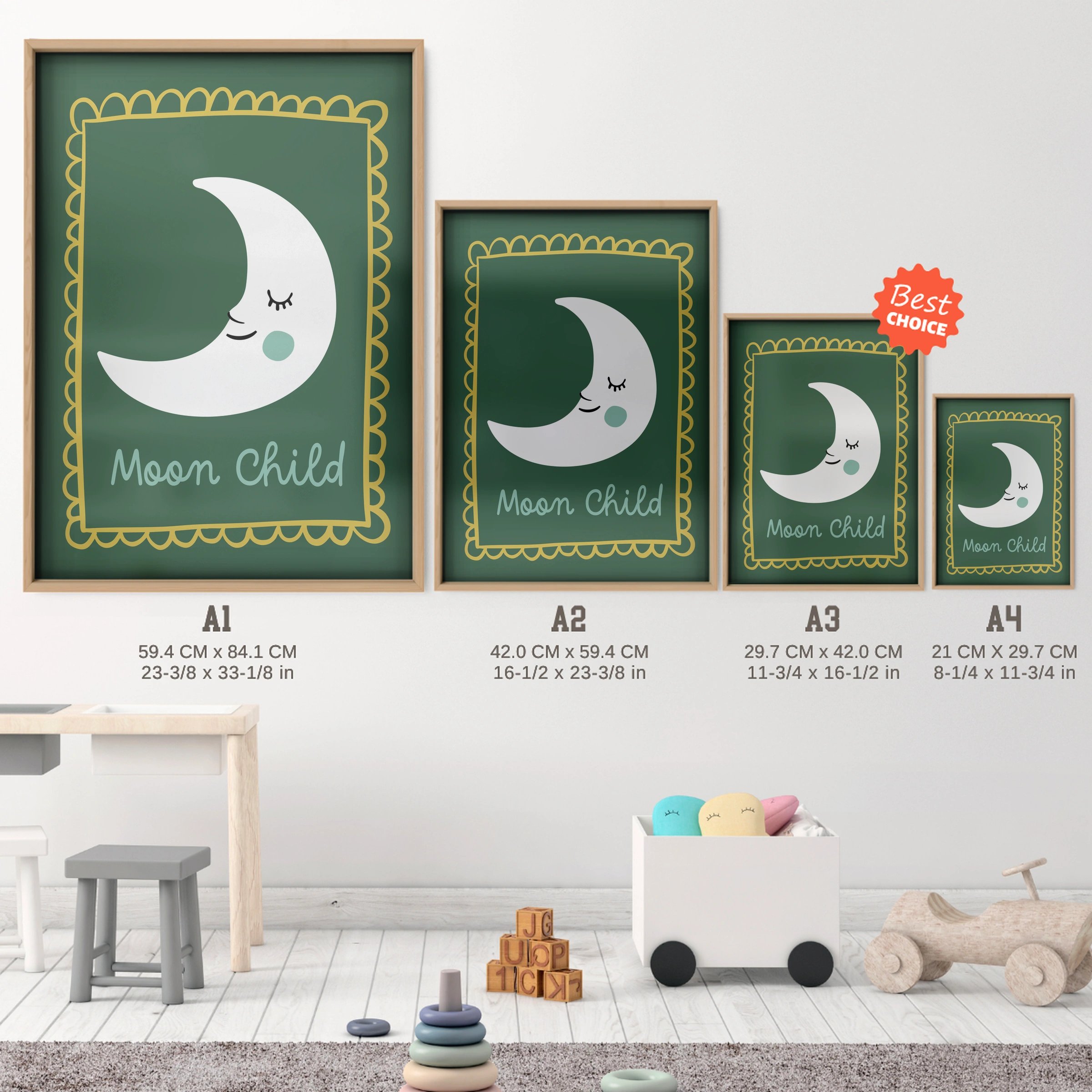Moon Child Nursery Print - size guide A4 A3 A2 A1 nursery print